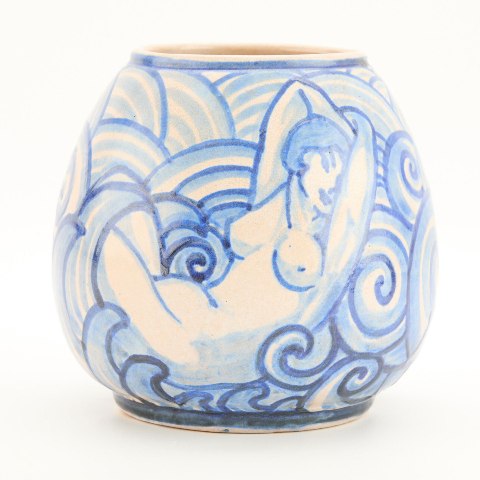 Continental Faience & Tile Art Deco "Seafoam" Vase: Continental Faience & Tile Co., Milwaukee, Wisconsin. Hand-painted Art Deco glazed earthenware "Seafoam" vase, 1943. Depicting a recumbent nude woman amid a sea of stylized waves, executed in varying