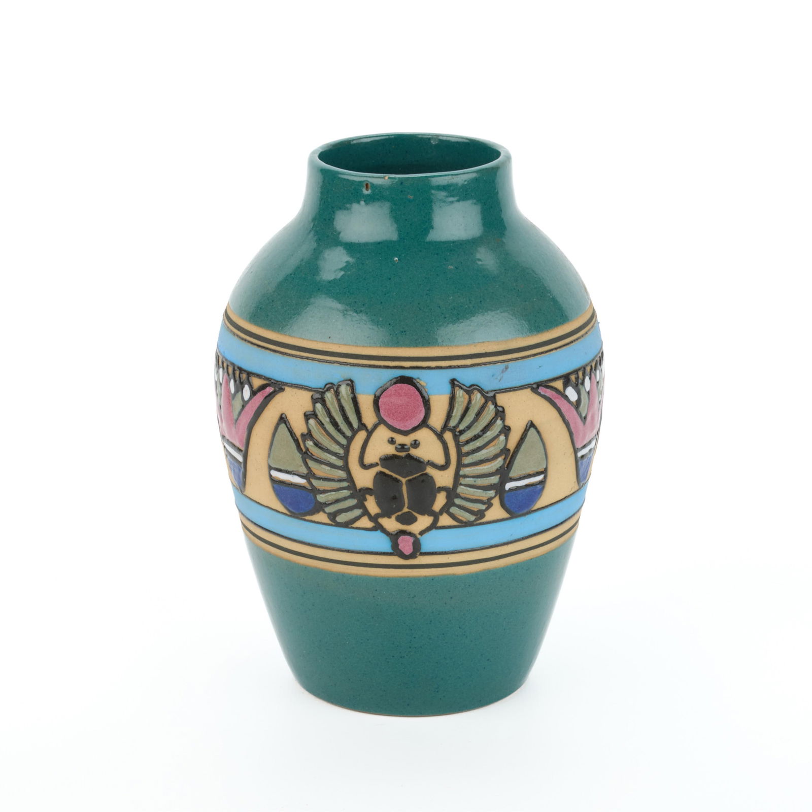 Rare Brush-McCoy "King Tut" Art Pottery Vase: Brush McCoy Pottery, United States. Rare art pottery "King Tut" vase depicting an incised Egyptian scarab cartouche amid "squeeze bag" tree motifs against a teal-glazed ground, ca. 1923.Height: 7 1/2