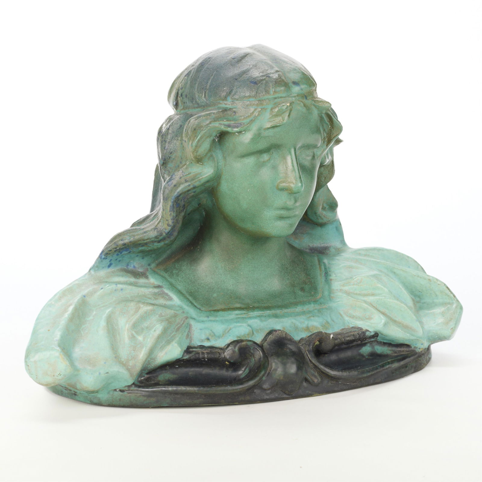 Zark Pottery Art Nouveau Young Maiden Ceramic Bust: Zark Pottery, United States. Rare Art Nouveau ceramic bust depicting a young maiden with demure expression, ca. 1910-1917. Likely modeled after Henri Jacobs's (Belgian, 1864-1935) bronze sculpture tit