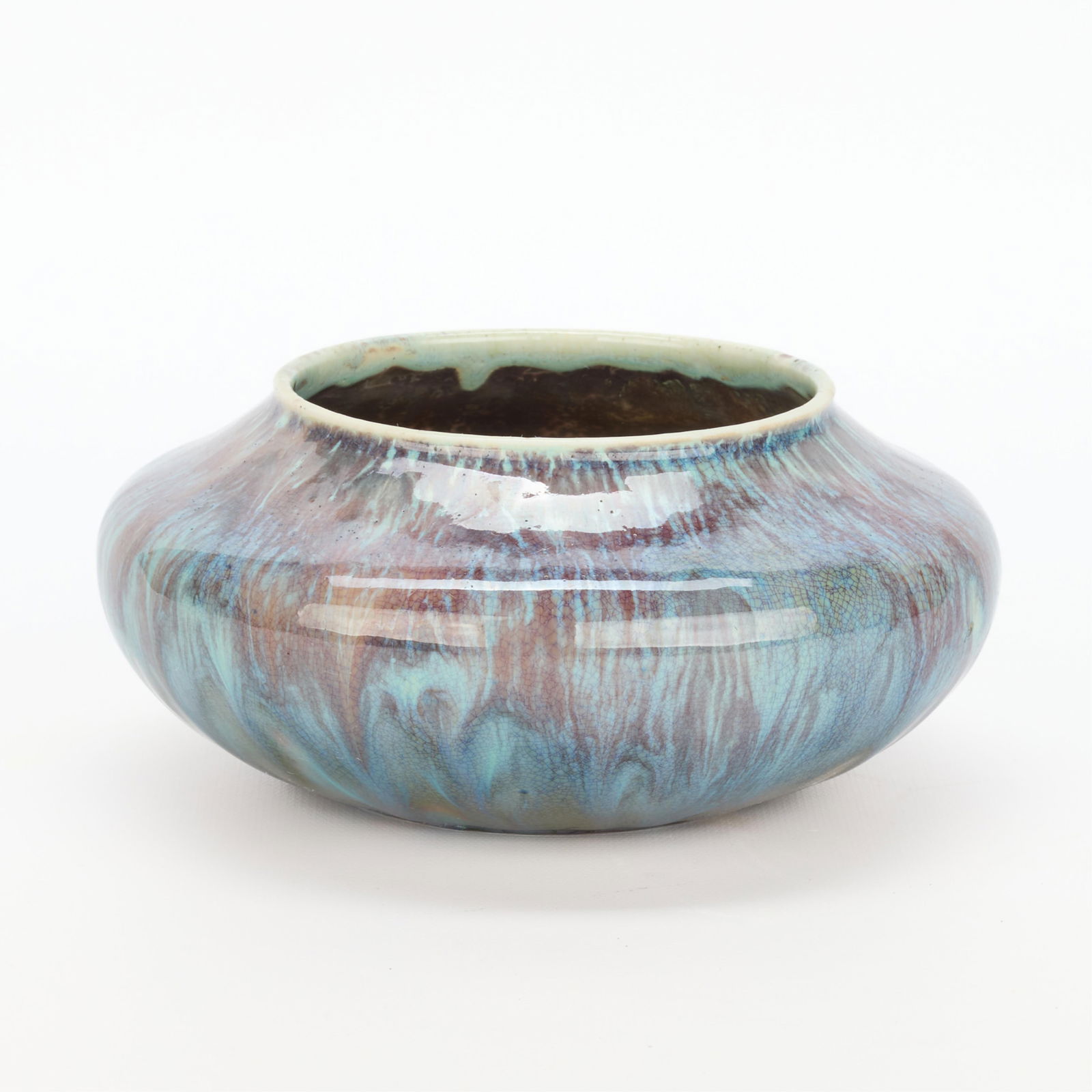 Adelaide Robineau Porcelain Flambe Glaze Bowl 1910: Adelaide Alsop Robineau (1865-1929). Porcelain bowl with an inverted rim and blue flambe glaze, 1910. This bowl was executed during Robineau's time at University City. Marked along the underside: "18