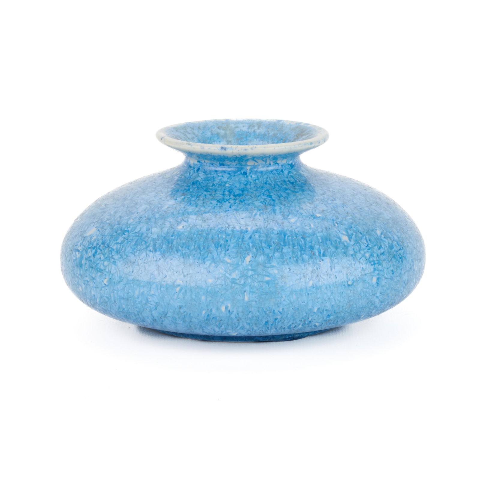 Northwestern Terracotta Crystalline Pottery Vase: Northwestern Terra Cotta Company (Norweta), Chicago, Illinois. American Prairie School Arts & Crafts Era terracotta bud vase vessel with blue crystalline vase, ca. 1910s-1920s. Of squat and bulbous