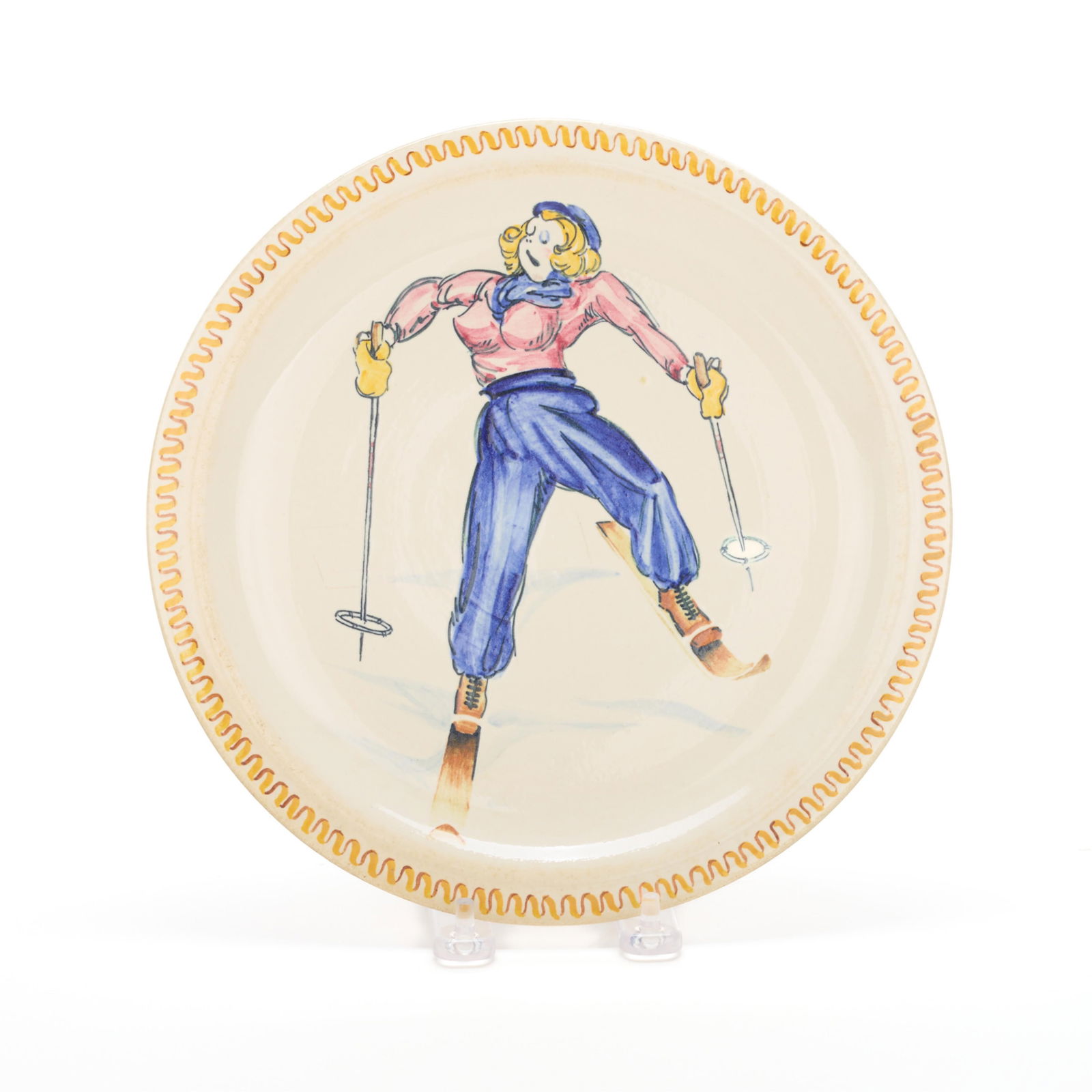 Charles Murphy for Red Wing "Ski Bunny" Plate 1946: Charles Murphy (American, 1909-1994) for Red Wing Pottery, Minnesota. Rare mid-century painted pictorial art pottery plate, depicting a young "Ski Bunny" woman clad in fashionable winter sporting