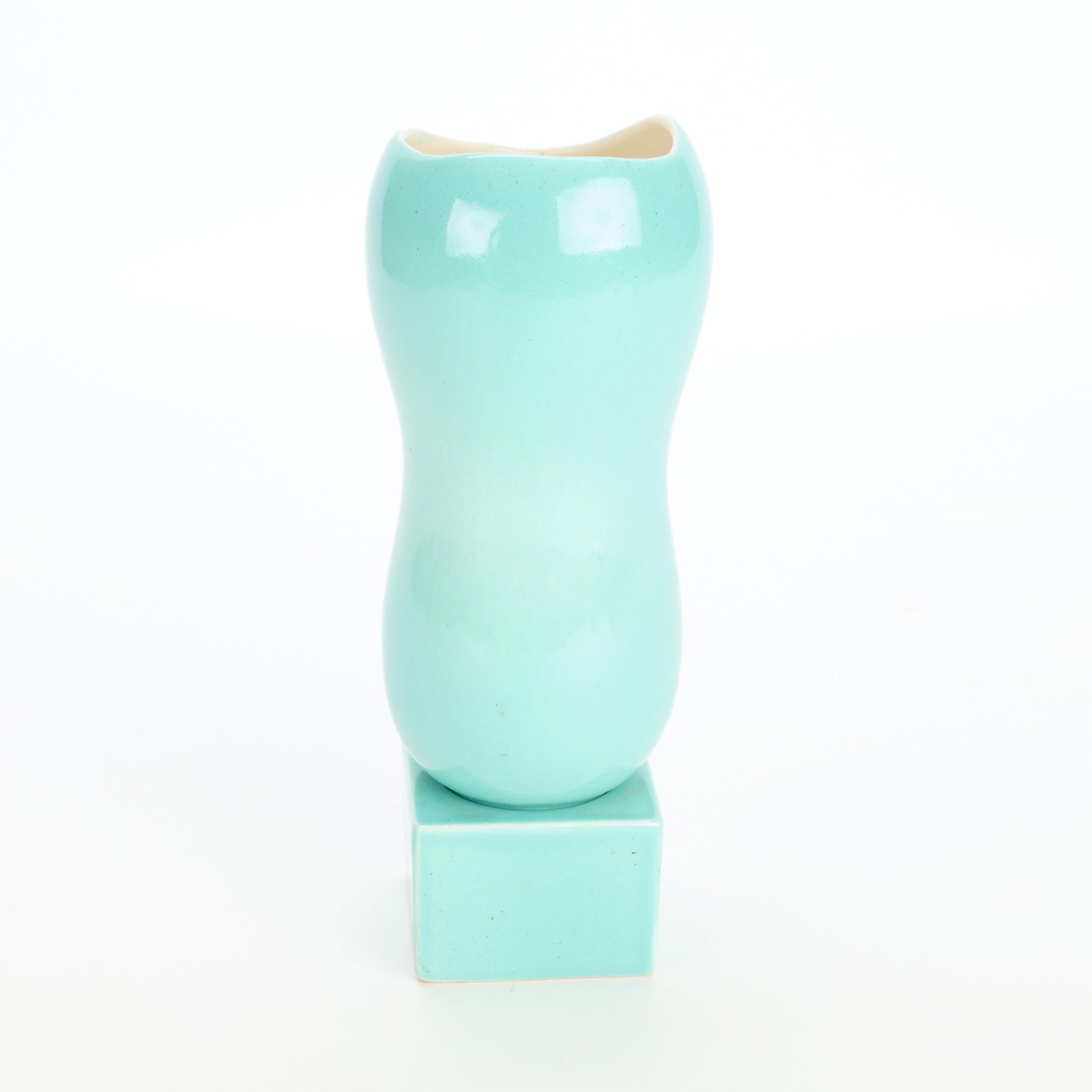 Murphy for Red Wing Pottery MCM Teal Glaze Vase: Charles Murphy (American, 1909-1994) for Red Wing Pottery, Minnesota. Mid-century modern teal-glazed art pottery vase, 20th century. Of an amorphous cylindrical form on square base. Impressed "Red