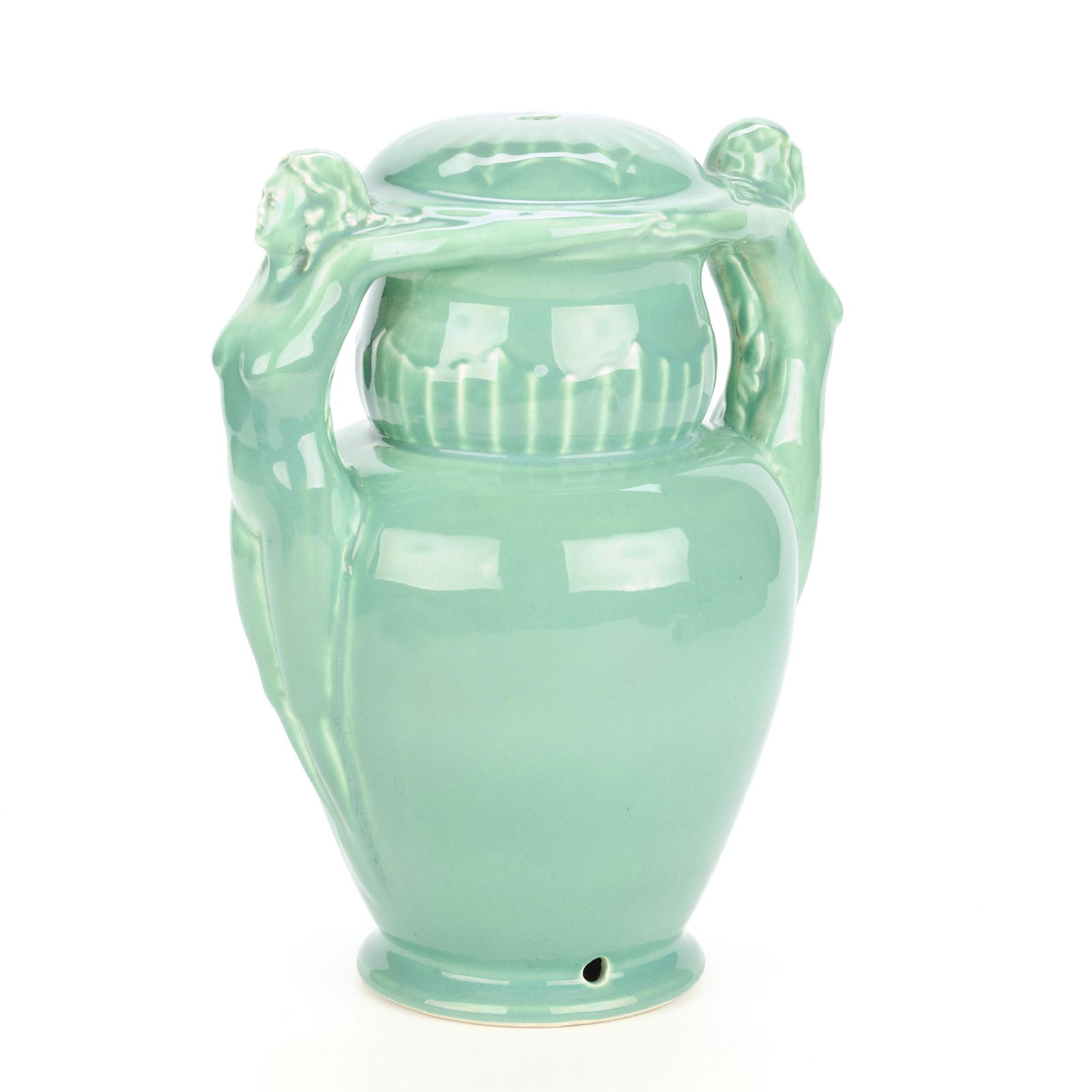 Style of Rumrill for Red Wing Pottery Lamp Base: Style of George Rumrill (American, 1891-1943) for Red Wing Pottery, Minnesota. Art pottery ceramic "Athena" lamp base of baluster form. With two handles in the form of nude women. Executed in a