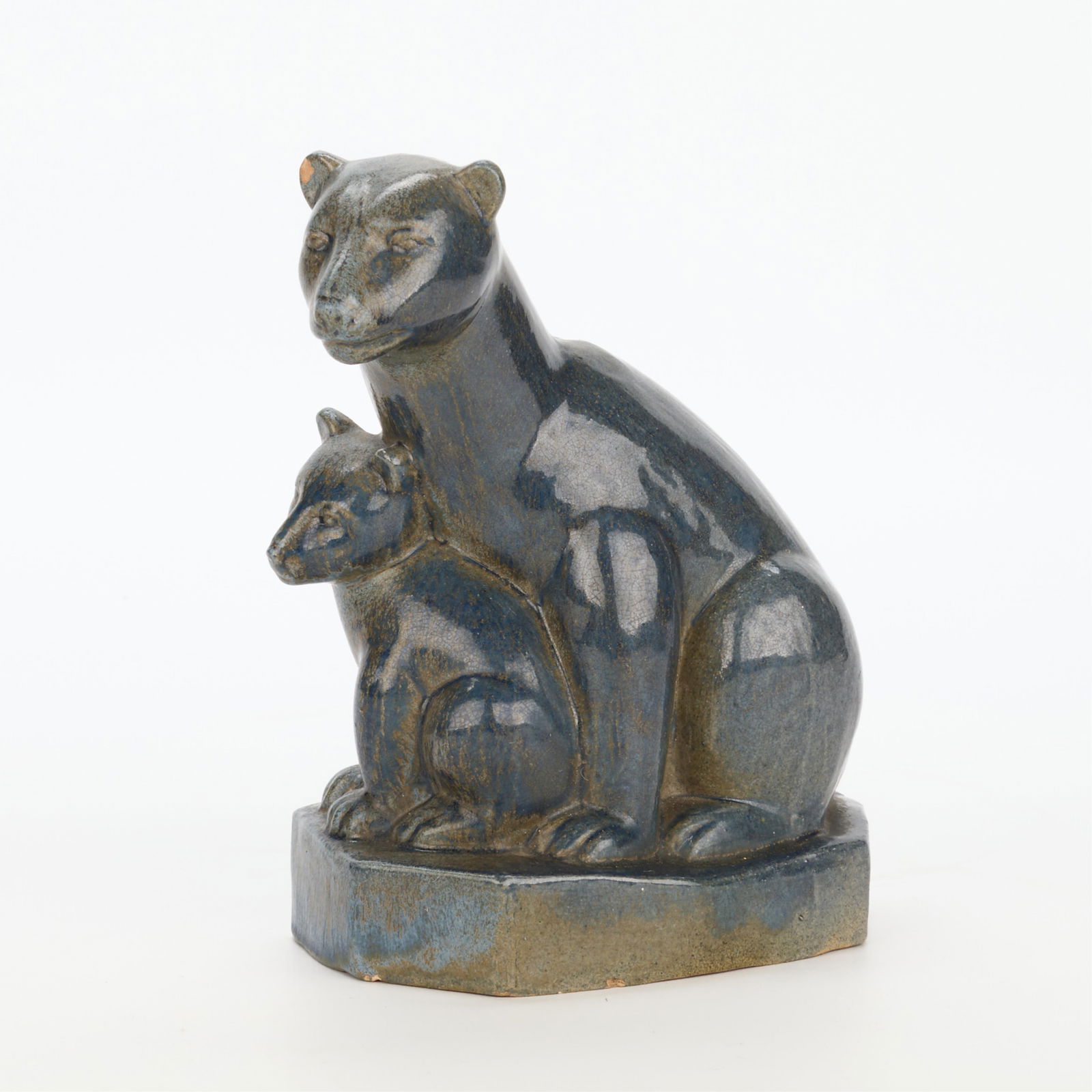 Minnesota WPA Art Pottery Polar Bear Figural Group: Minnesota WPA (Works Project Administration) Art Project pottery figure depicting two polar bear figures, early 20th century. With blue and brown flambe glaze. Inscribed along the footrim "MINN. Art P