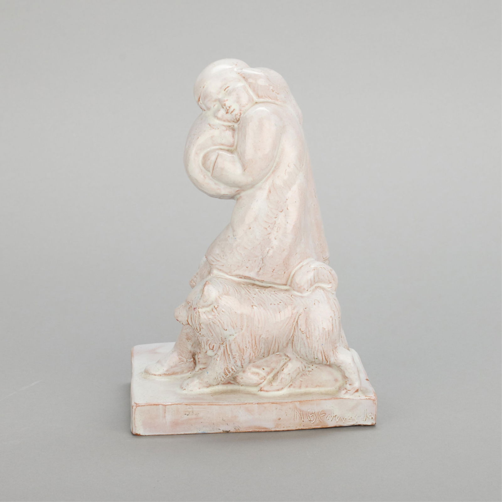 Signed WPA Style Ceramic "Girl & Dogs" Figurine: WPA-style ceramic figurine depicting a striding young girl accompanied by two dogs, likely huskies. Executed in a white glaze. Signed "N.B. Edwards" along the base.Height: 8 1/2 in x width: 4 in x dep