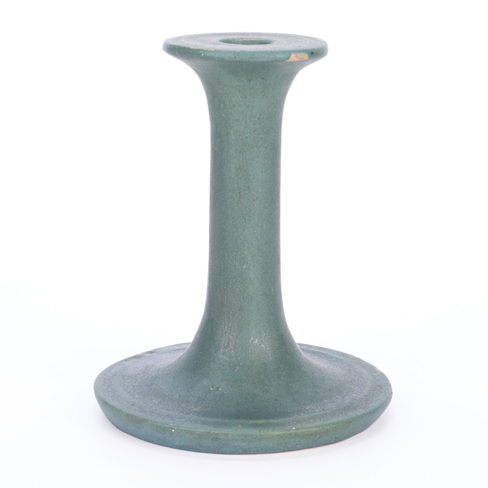 Handicraft Guild Arts & Crafts Ceramic Candlestick: Handicraft Guild of Minneapolis, Minnesota. Arts & Crafts pottery candlestick or candle holder, ca. 1900s-1910s. With a rounded base, elongated neck, and flared bobeche. Executed in a light blue glaze