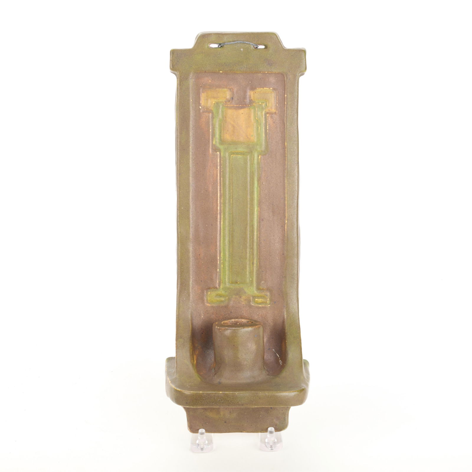 Arts & Crafts Pottery Wall Sconce: Arts and crafts pottery ceramic wall-mounted or wall-hanging candlestick sconce, early 20th century. Incised "AS" initials along the verso.Height: 12 1/2 in x width: 4 1/2 in x depth: 3 1/2 in.