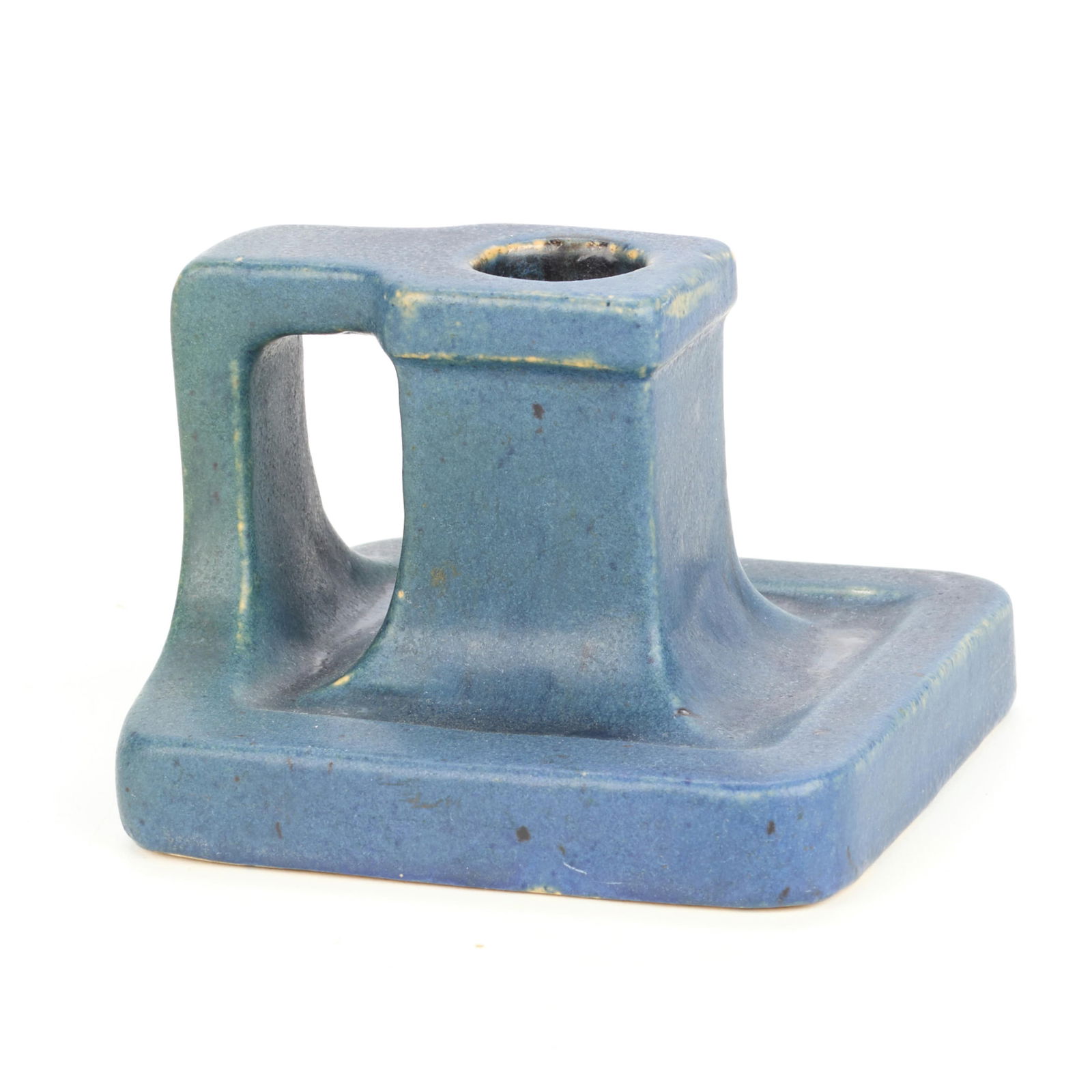 Handicraft Guild Arts & Crafts Pottery Candlestick: Handicraft Guild of Minneapolis, Minnesota. Arts & Crafts ceramic candlestick, candle holder, or chamberstick, ca. 1900s-1910s. Of geometric form, executed in a matte blue glaze. Marked along the unde