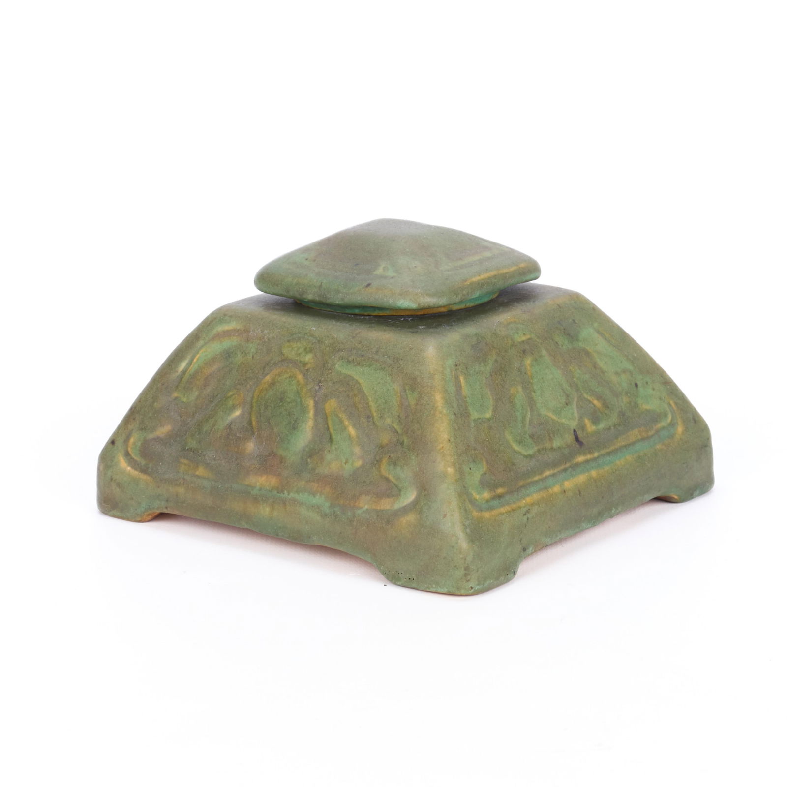 Handicraft Guild Arts & Crafts Ceramic Inkwell: Handicraft Guild of Minneapolis, Minnesota. Arts & Crafts glazed earthenware inkwell of pyramidic form, ca. 1900s-1910s. Depicting foliate motifs, executed in a matte green glaze. Marked along the und