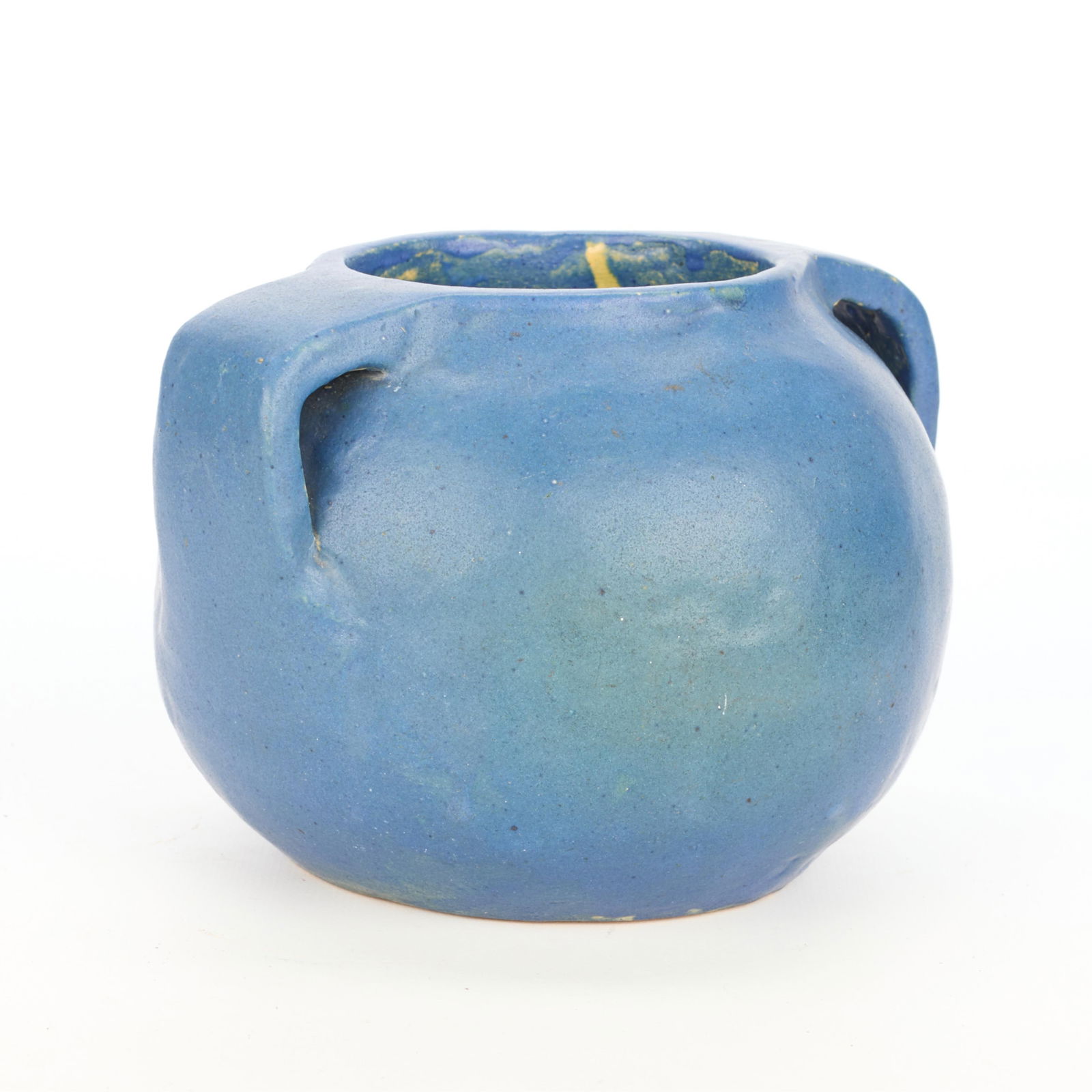 Early 20th c. Arts & Crafts 2-Handled Pottery Vase: American Arts & Crafts double-handled pottery vase, 1916. With sky blue vellum glaze throughout the exterior; the interior with glossy olive green glaze. Incised "AMS" and dated along the underside.He