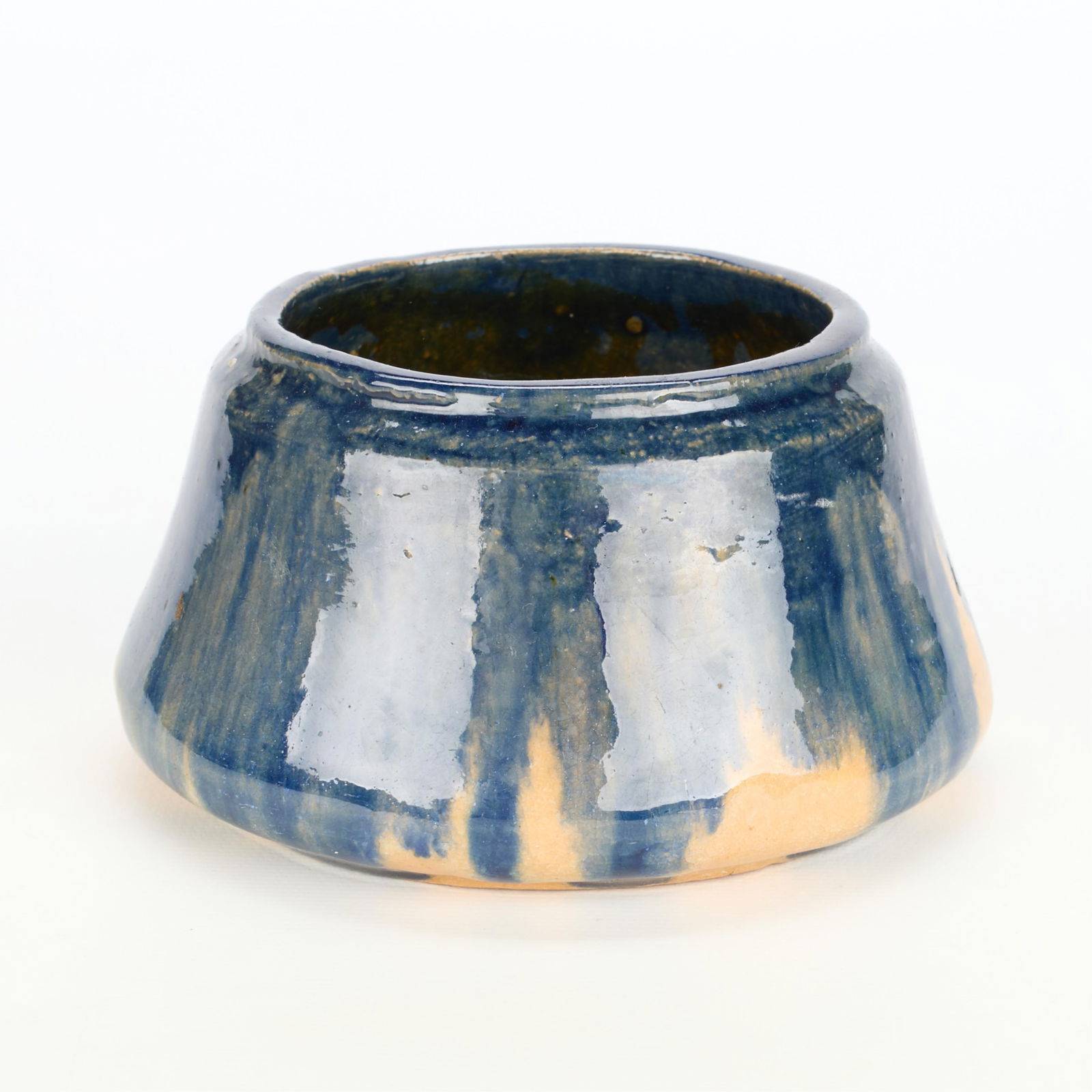 Attr. Mary Moulton Cheney Art Pottery Vase: Attributed to Mary Moulton Cheney (American, 1871-1957). Studio ceramic Arts & Crafts vase or bowl. Of rounded form, executed in a dark blue drip glaze. Label affixed reading, "Franklin Jr. High Schoo