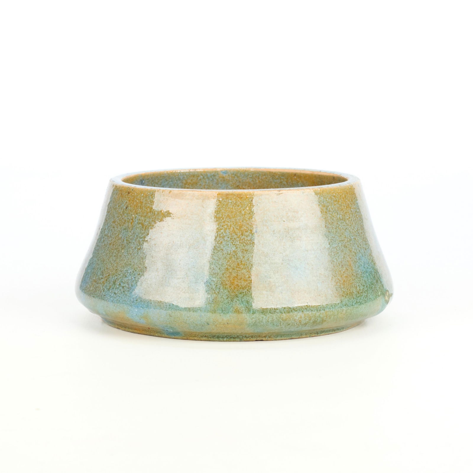 Arts & Crafts Ceramic Blue & Yellow Bud Vase: Arts & Crafts pottery bud vase, pot, or bowl. Executed in a mottled blue-green glaze. Possibly incised "Yellow" along the underside.Height: 2 1/4 in x diameter: 4 1/2 in.