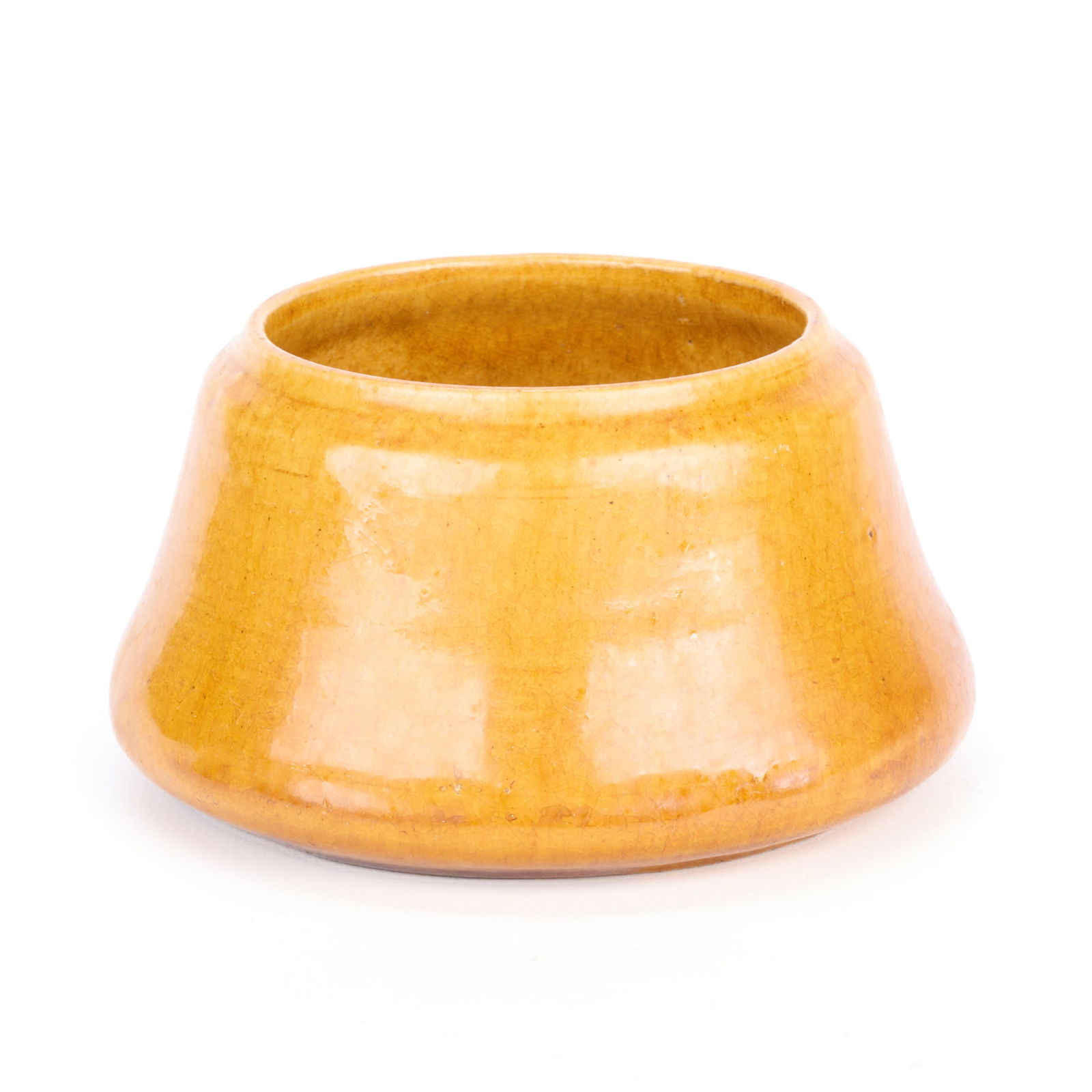 Handicraft Guild Arts & Crafts Ceramic Bud Vase: Handicraft Guild of Minneapolis, Minnesota. Arts & Crafts pottery bud vase, flower pot, or vessel, ca. 1900s-1910s. Of rounded, pyramidic form. Executed in a glossy yellow glaze. Impressed stamp mark