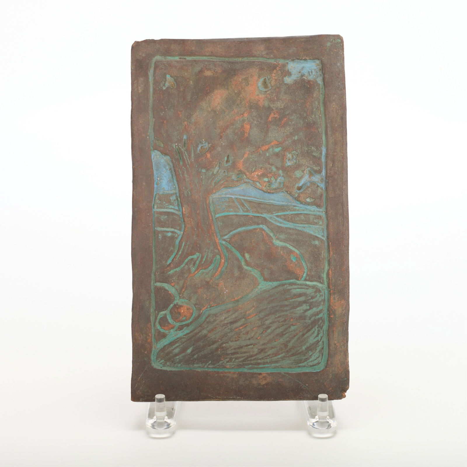 Lrg 10" Ernest Batchelder Pictorial Tree Tile: Ernest Batchelder (American, 1875-1957) for Batchelder Tile Company, California, United States. Large Arts & Crafts ceramic pictorial tile. Depicting a lush tree and rolling hills. Impressed stamp alo