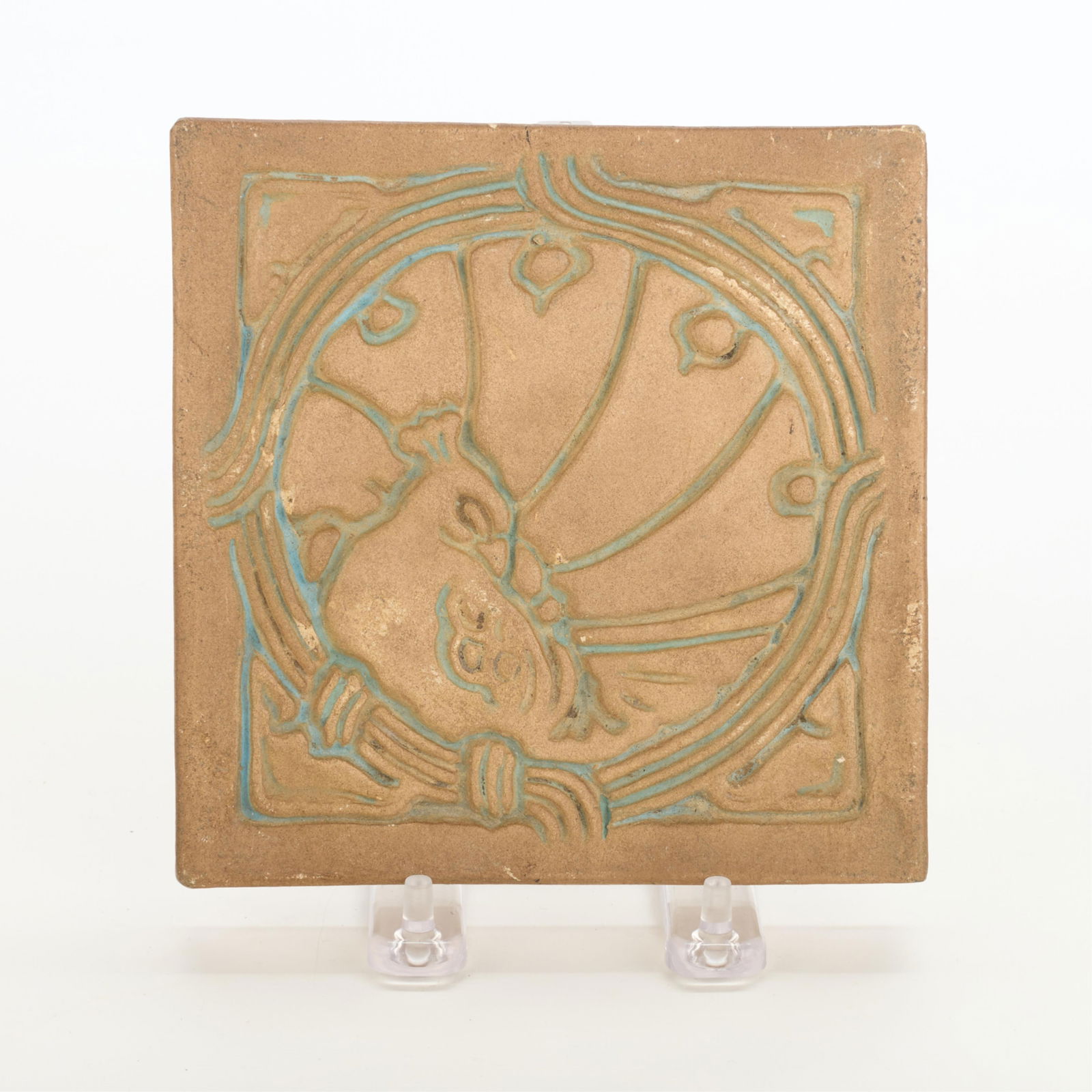 Ernest Batchelder Ceramic Peacock Tile: Ernest Batchelder (American, 1875-1957) for Batchelder Tile Company, California, United States. Arts & crafts ceramic pictorial tile. Depicting an Art Nouveau-style peacock. Stamped along the undersid
