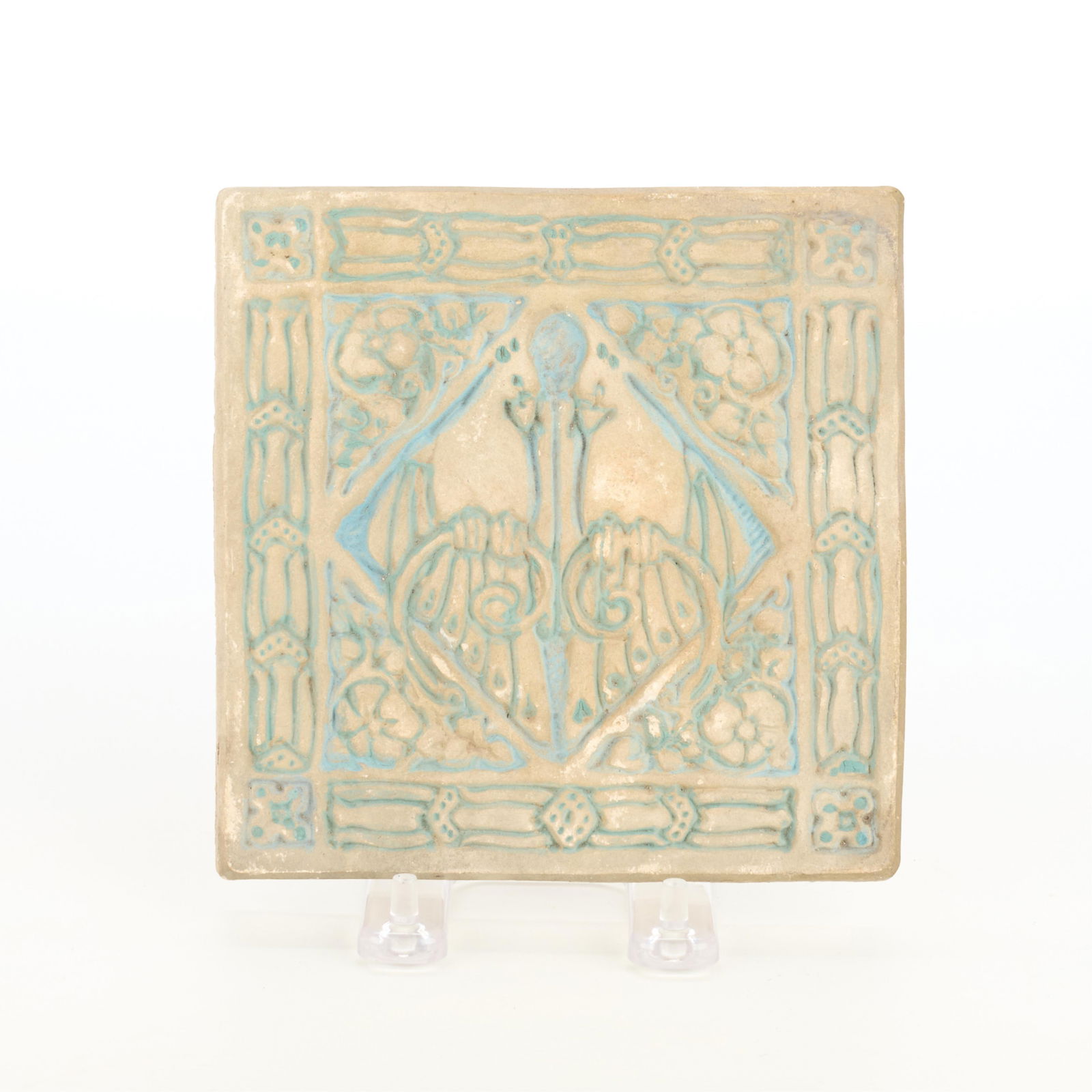 Batchelder Arts & Crafts Pottery "Love Birds" Tile: Ernest Batchelder (American, 1875-1957) for Batchelder Tile Company, Los Angeles California. Arts & Crafts faience pottery pictorial "Love Birds" relief tile, ca. 1920s. Depicting two stylized Art Nou