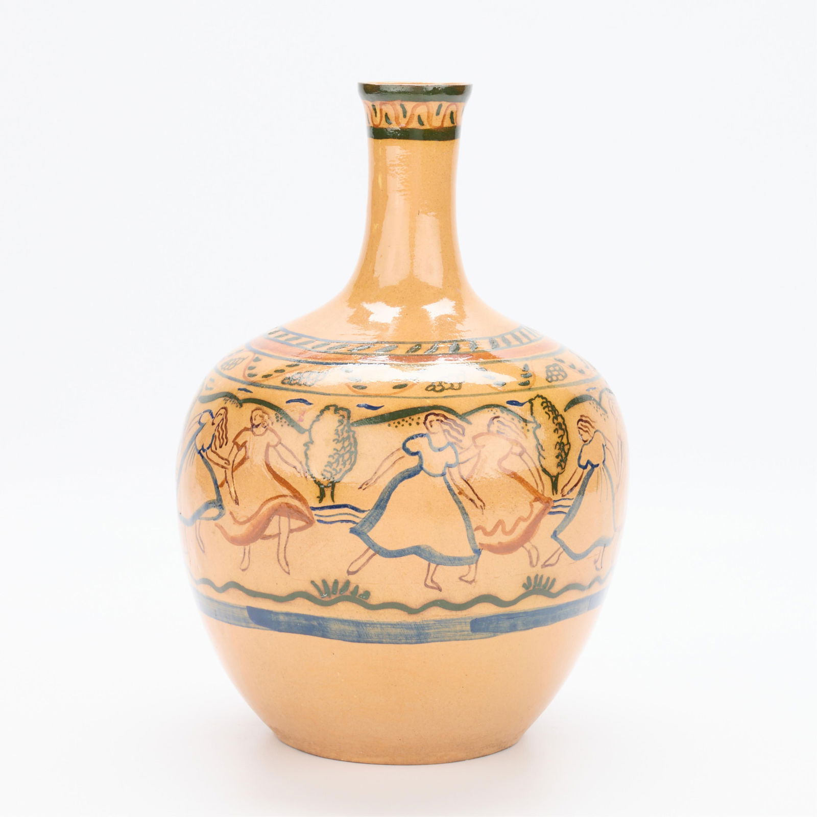 MN WPA Art Project Painted Pottery Vase: Minnesota WPA (Works Project Administration) Art Project pottery vase, early 20th century. Depicting a painted pastoral scene with dancing figures on pale orange ground. Painted along the underside