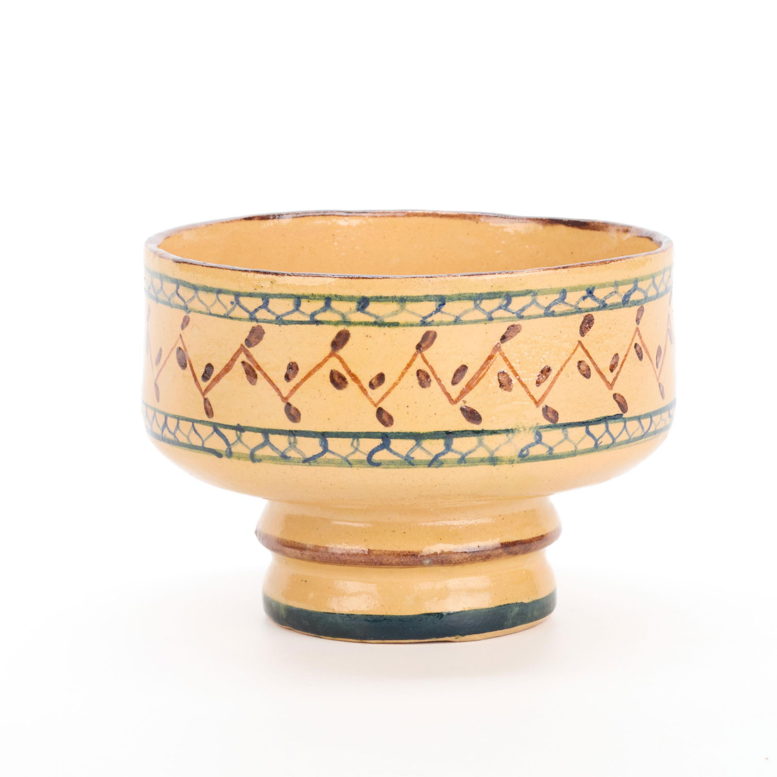 MN WPA Art Project Painted Pottery Vase: Minnesota WPA (Works Project Administration) Art Project pottery vase, early 20th century. Depicting a painted geometric motif on pale orange ground. Resting on recessed pedestal foot. Painted along