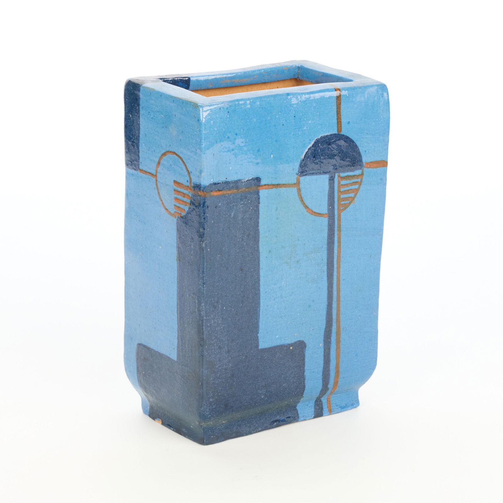 MN WPA Art Project Pottery Vase: Minnesota WPA (Works Progress Administration) Arts & Crafts pottery vase, early 20th century. Of a rectangular, chimney form depicting painted geometric motifs in blues and orange. Incised "Minn.