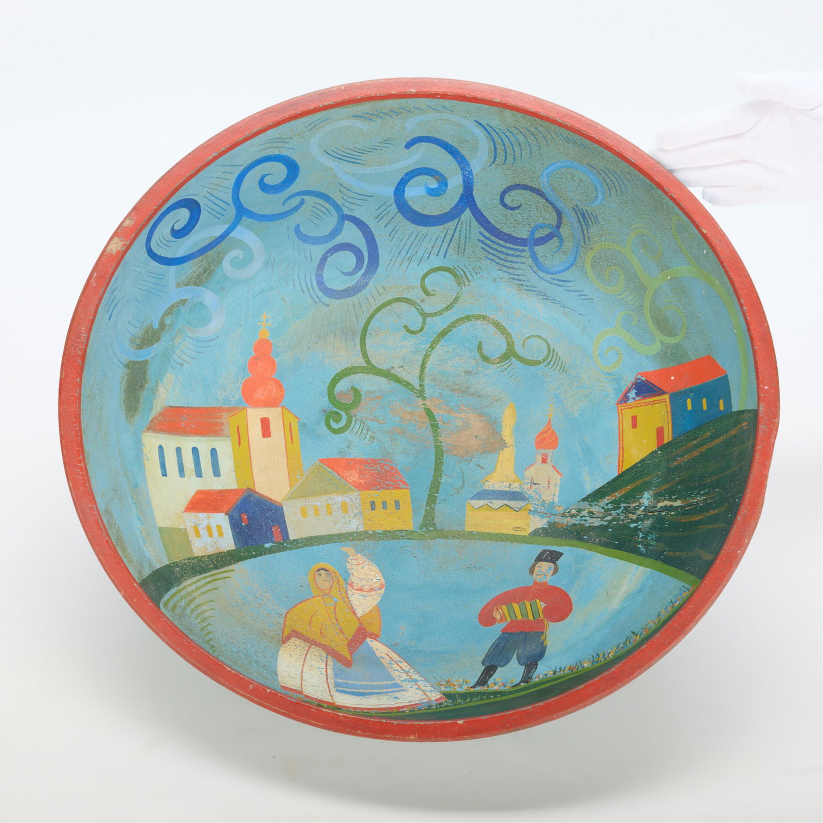 20" Kristoff Slanina MN WPA Wooden Dough Bowl: Kristof Slanina (Hungarian-American, 1899-1978). Minnesota WPA (Works Progress Administration) Art Project carved, turned, and painted wooden folk art dough bowl. Depicting a dancer and musician in