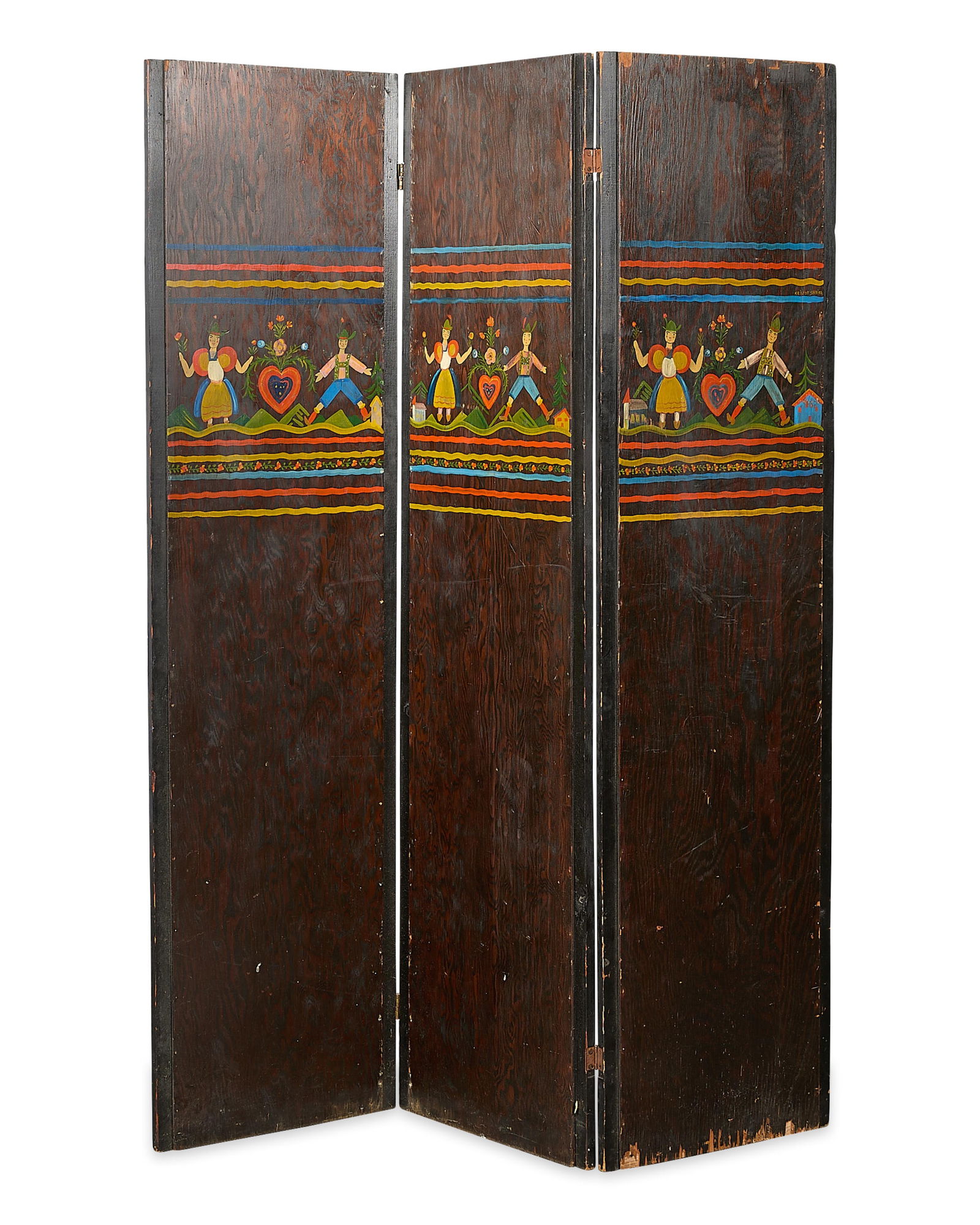 Kristof Slanina MN WPA Painted 3-Panel Screen: Kristof Slanina (Hungarian-American, 1899-1978). Minnesota WPA (Works Progress Administration) Art Project three-panel painted wooden folk art folding floor screen. Each panel depicting pairs of male
