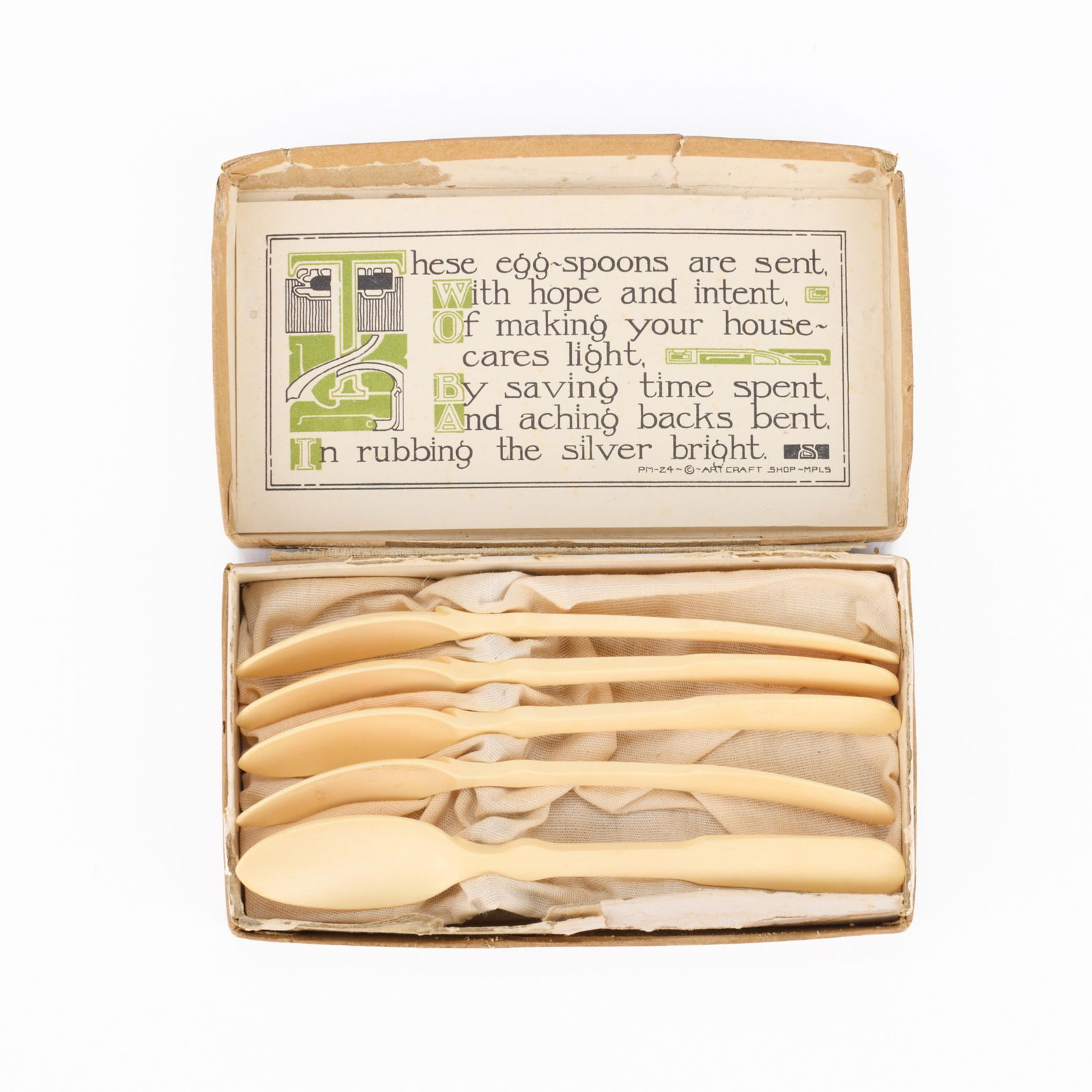 Set 5 Minneapolis Arts & Crafts Egg Spoons: Set of five hand-carved organic material caviar or egg spoons. Within a box bearing an "Art Craft Shop - MPLS" label along the interior. (Shipping dimensions) Height: 1 in x width: 5 1/2 in x depth: