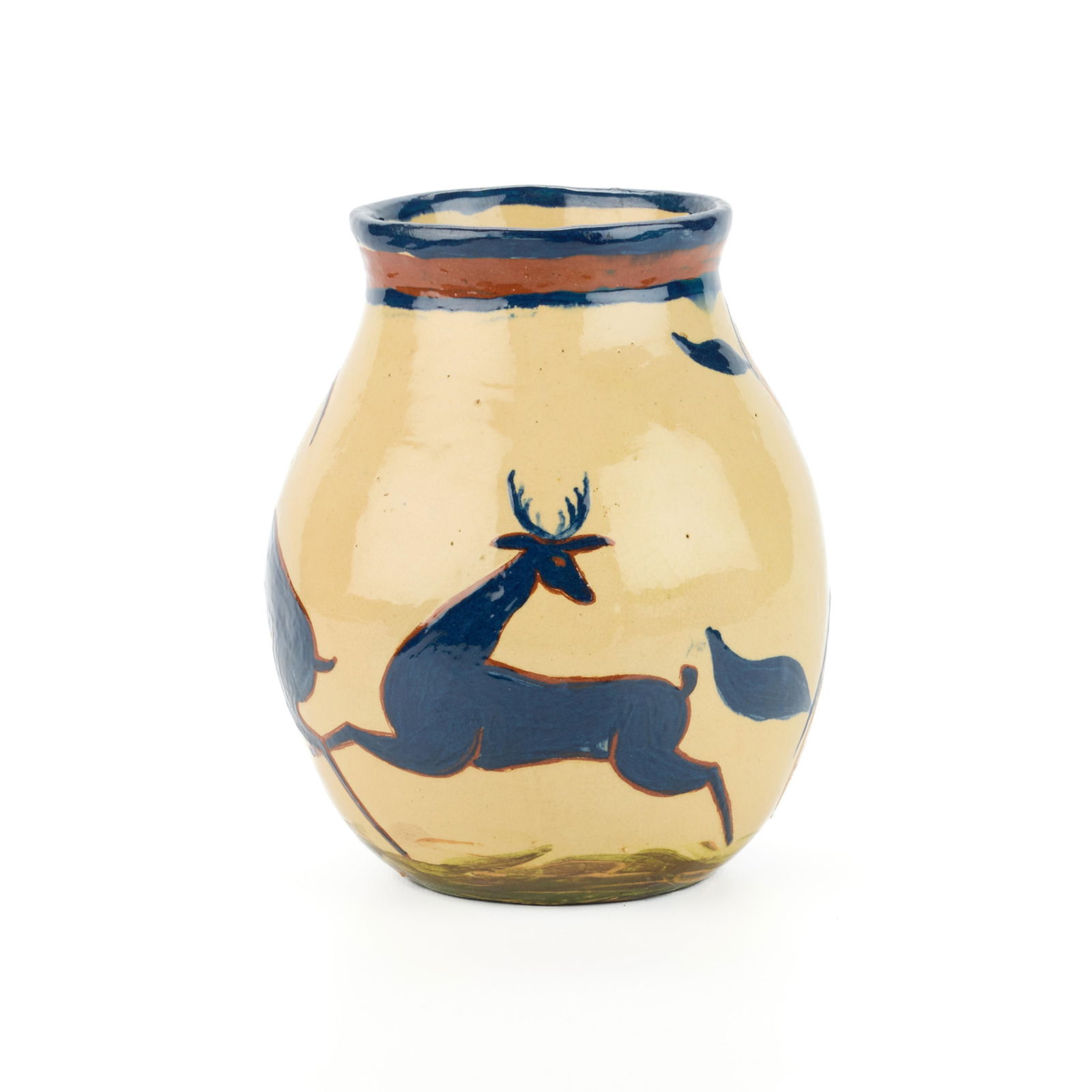 Jesus Torres Hull-House Arts & Crafts Pottery Vase: Jesus Torres (Mexican, 1898-1948) for Hull-House Kilns, Chicago, Illinois. Art pottery vase depicting painted prancing deer and antelope executed in navy blue and olive green on cream ground, 1928. In