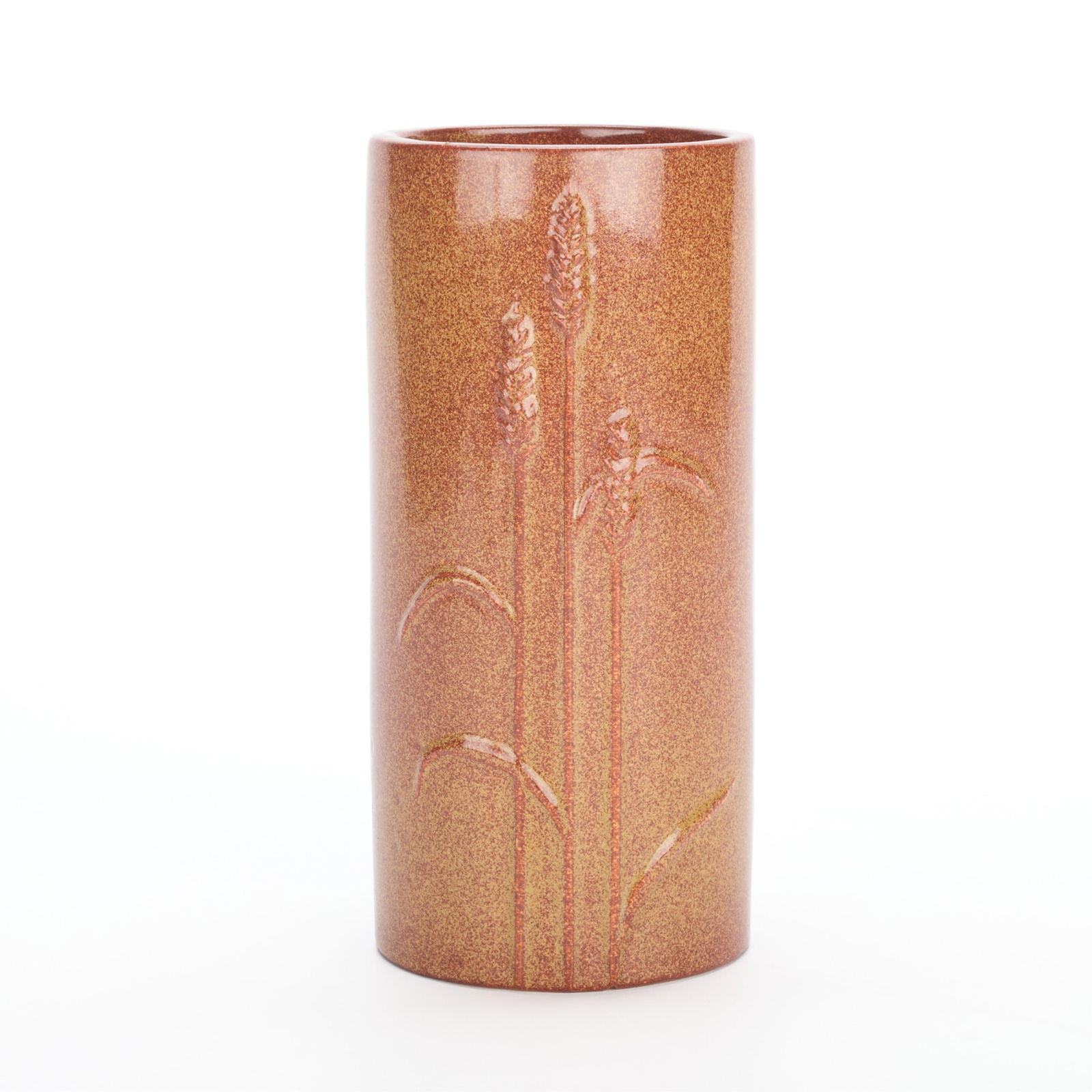 North Dakota WPA "Stalks of Wheat" Pottery Vase: North Dakota WPA (Works Project Administration) Art Project pottery vase of cylindrical form, early 20th century. Depicting a stalks of wheat in relief with mottled brown and red glaze. Ink-stamped "W
