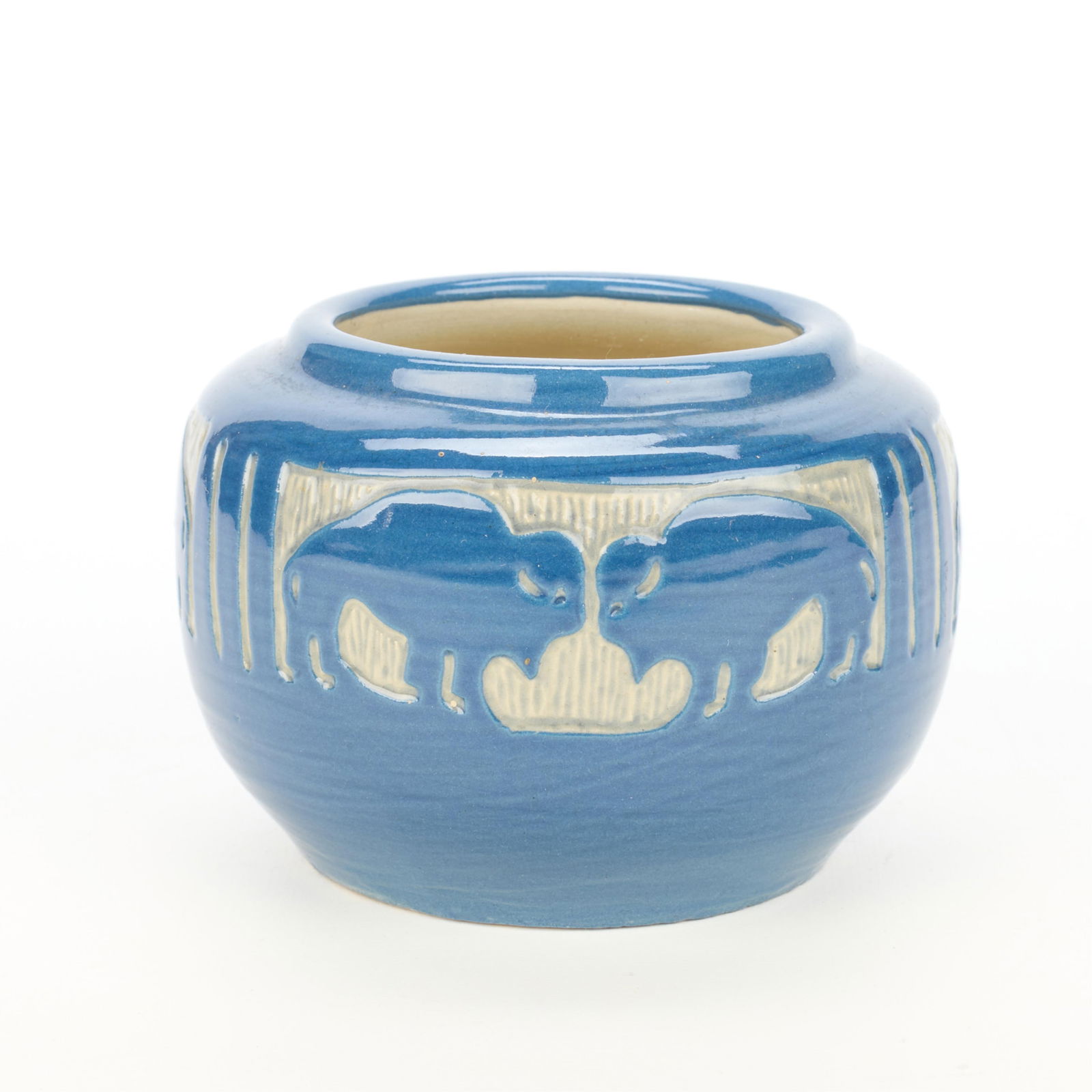 Julia Mattson NDSM Buffalo Pottery Vase ca. 1930s: Julia Mattson (American, 1893-1967) for University of North Dakota (UND) School of Mines, United States. Art pottery "Buffalo" vase, ca. 1930s. Featuring three repeating panels encircling the shoulder