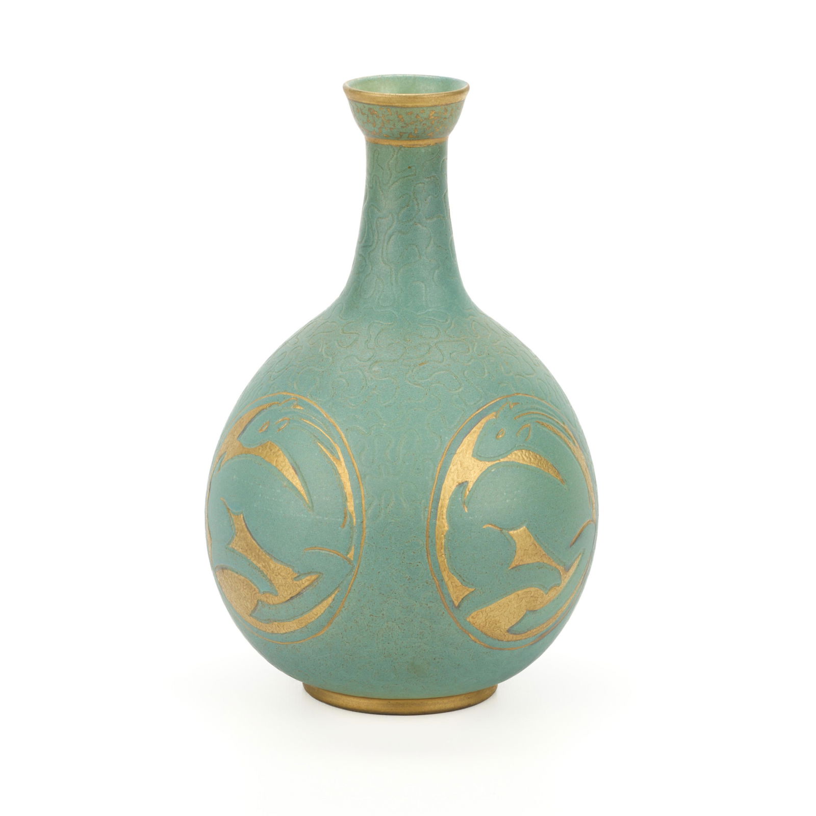 Herbert H. Sanders Early OSU Art Pottery Vase: Herbert H. Sanders (American, 1909-1988). Studio pottery bottle vase of globular form with tapered and slender neck, terminating with flared mouth, ca. 1937. Depicting four carved cartouches along the