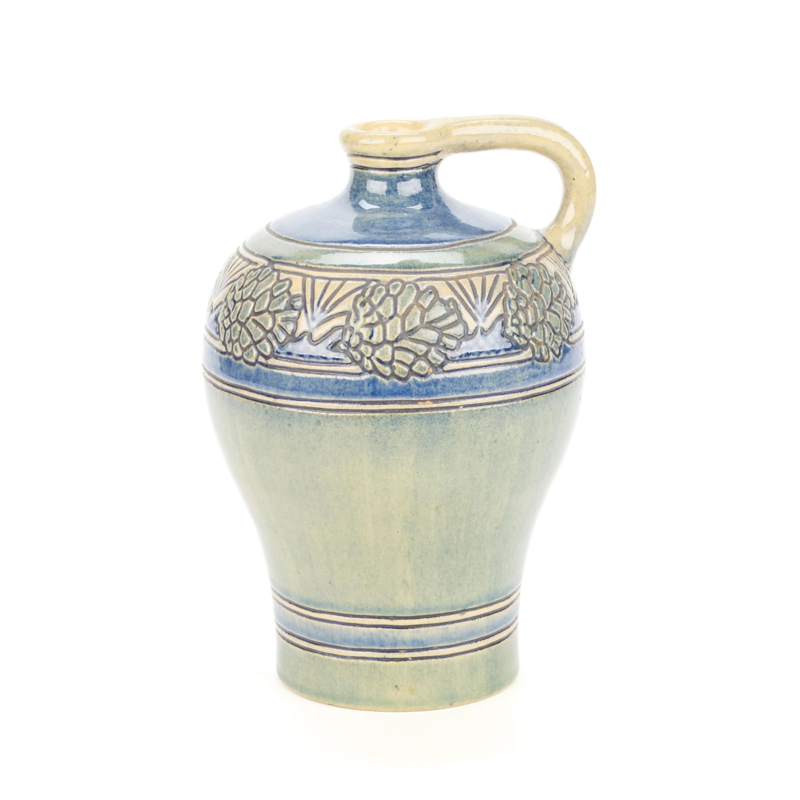 Newcomb College Art Pottery High Glaze Jug Vase: Katherine Severance Wraight (American, 1869-1945) and Joseph Fortune Meyer (American, 19th/20th century) for Newcomb College, New Orleans. American Arts & Crafts pottery pitcher or jug, 1905. Depictin