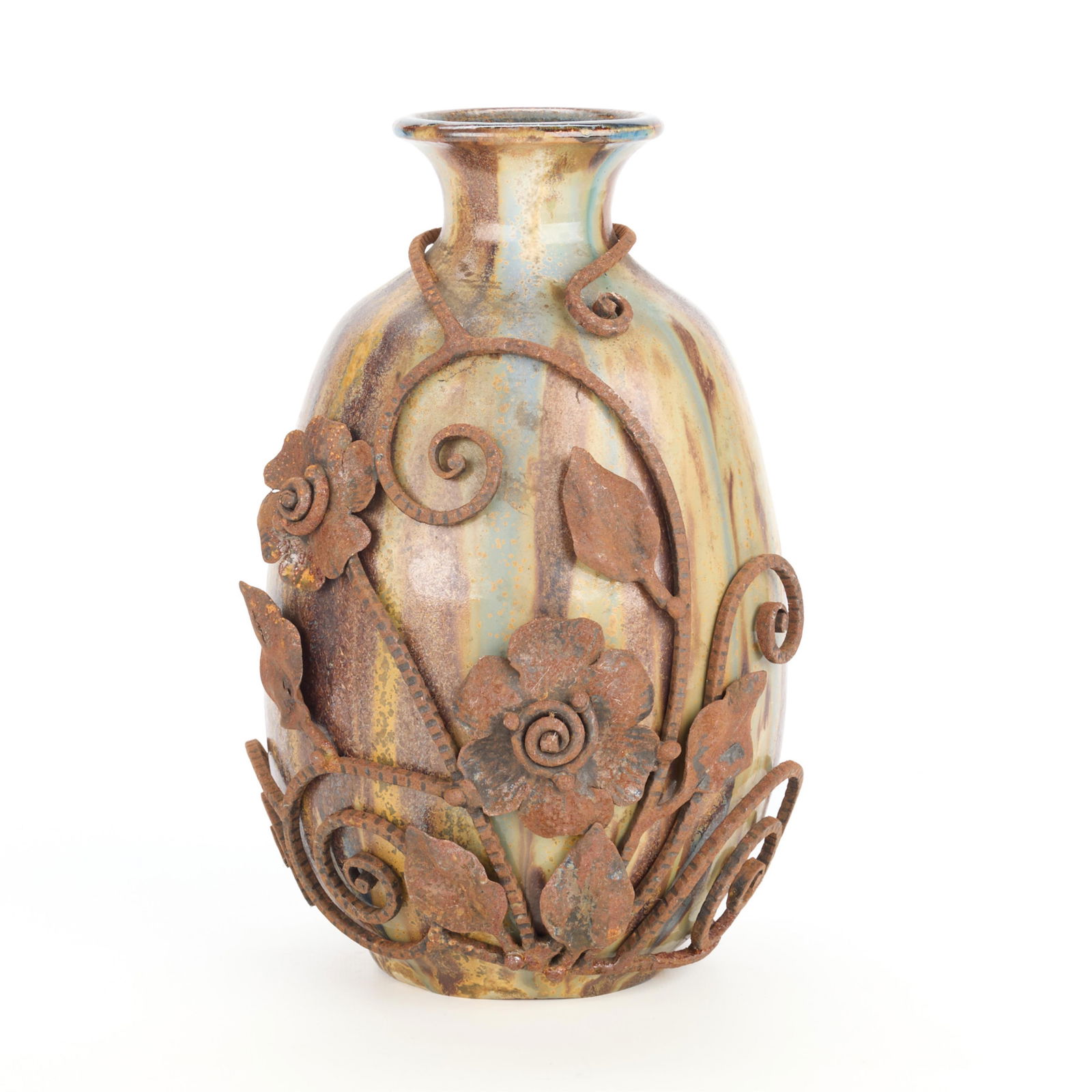 Guerin & Carion Wrought Iron Art Deco Pottery Vase (1 of 6)