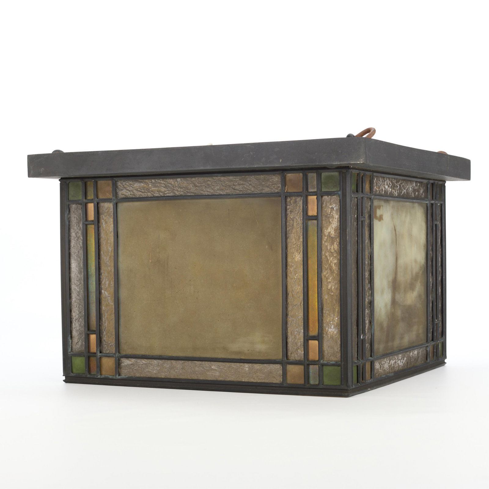 Arts & Crafts Style Slag Glass Pendant Light: American Arts & Crafts Mission style slag stained glass hanging pendant light or lantern, 20th century.Height: 9 1/4 in x width: 14 in x depth: 14 in.