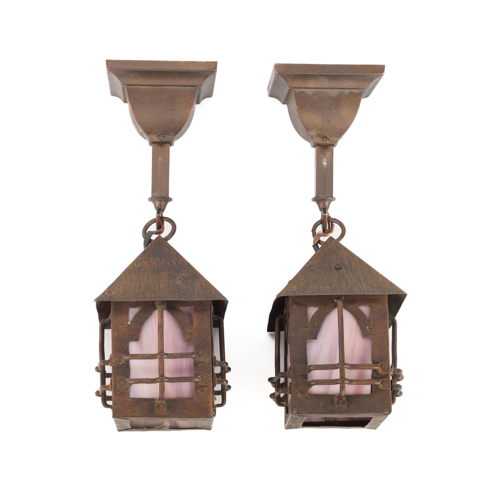 Pr Arts & Crafts Slag Glass Hanging Lanterns (1 of 8)