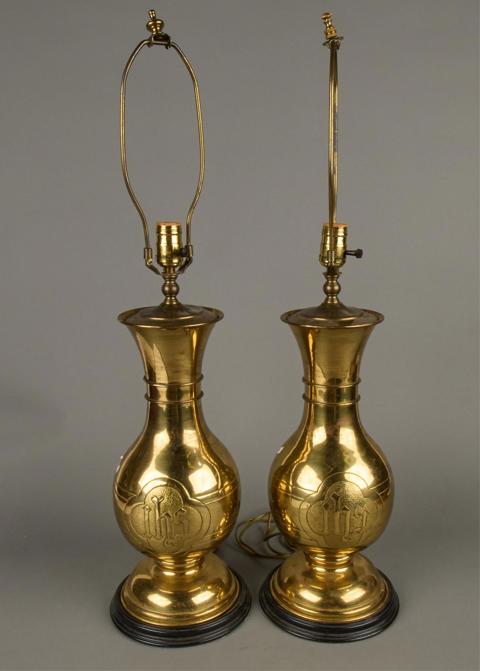 Pr Brass Jesuit Society of Jesus IHS Vase Lamps (1 of 7)