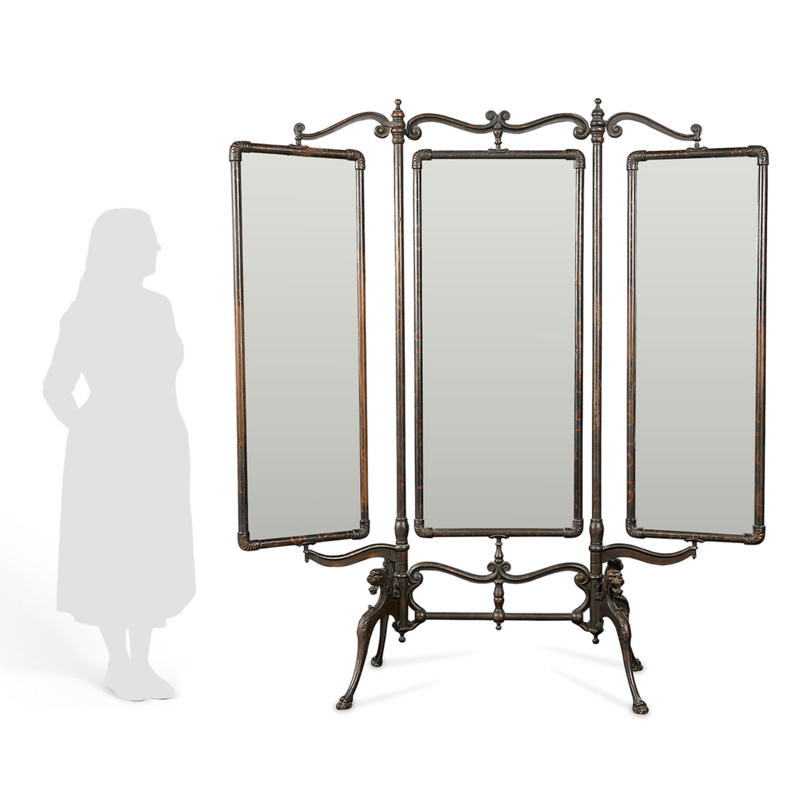 Victorian Cast Iron Tri-Fold Haberdashery Mirror: Victorian copper-plated cast-iron haberdashery or tailor's cheval mirror, ca. 1900s. With tri-fold pivoting mirrored panels and ornate molded frame depicting Rococo-style scrollwork and dynamic lion f