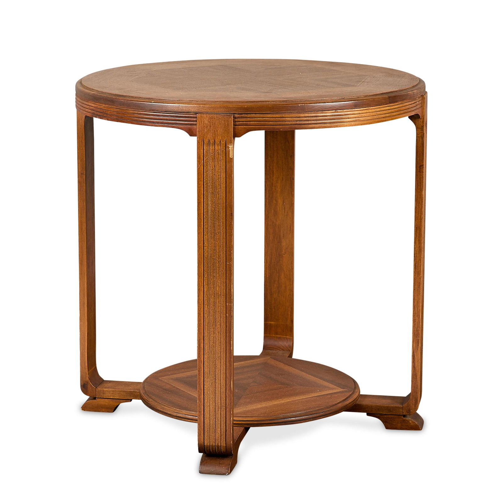 French Art Deco Inlaid Walnut Side Table ca. 1930s: French Art Deco inlaid two-tiered walnut wooden side table, ca. 1930s.Height: 28 in x diameter: 27 3/4 in.