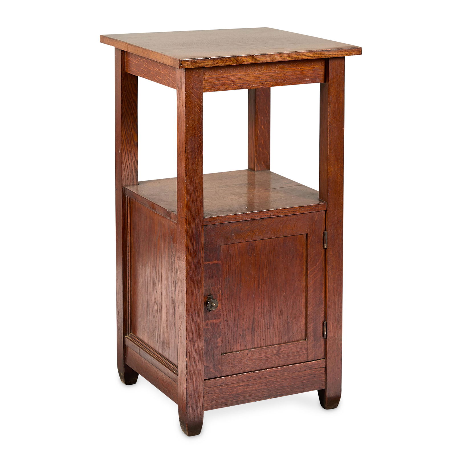 Style of Stickley Arts & Crafts Oak Night Stand: Style of Stickley Arts & Crafts Mission oak night stand or "smoker's cabinet" side table, early 20th century. With an aged and illegible paper label along the underside.Height: 34 in x width: 18 in x