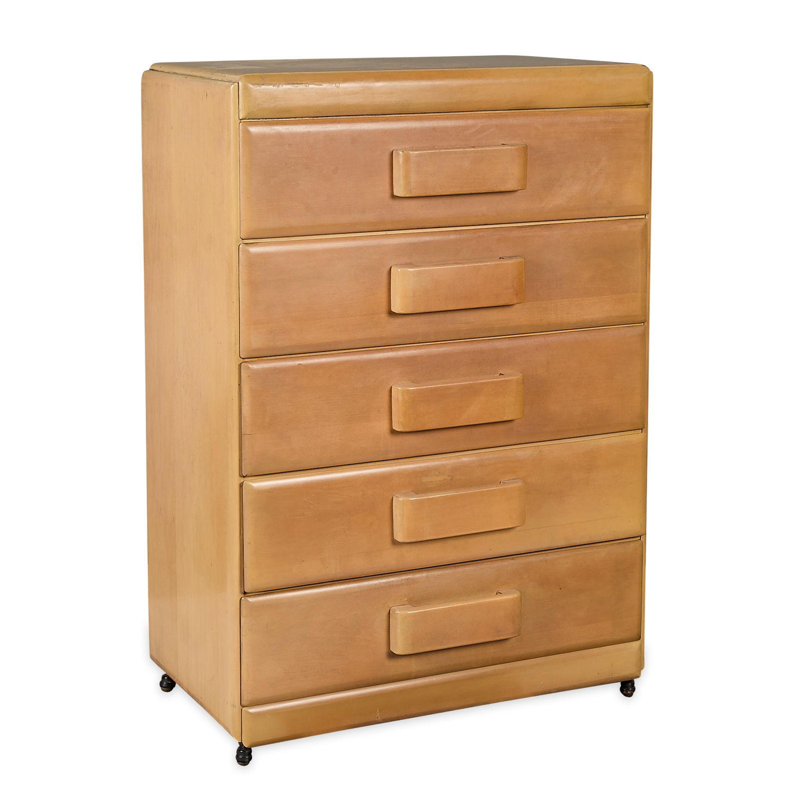 Conant Ball American Modern 5-Drawer Dresser Chest: Conant Ball Furniture, United States. Mid-century "American Modern" wooden five-drawer dresser chest, ca. 1950s. With manufacturer's burn mark and design line stamped along the interior of the lowest