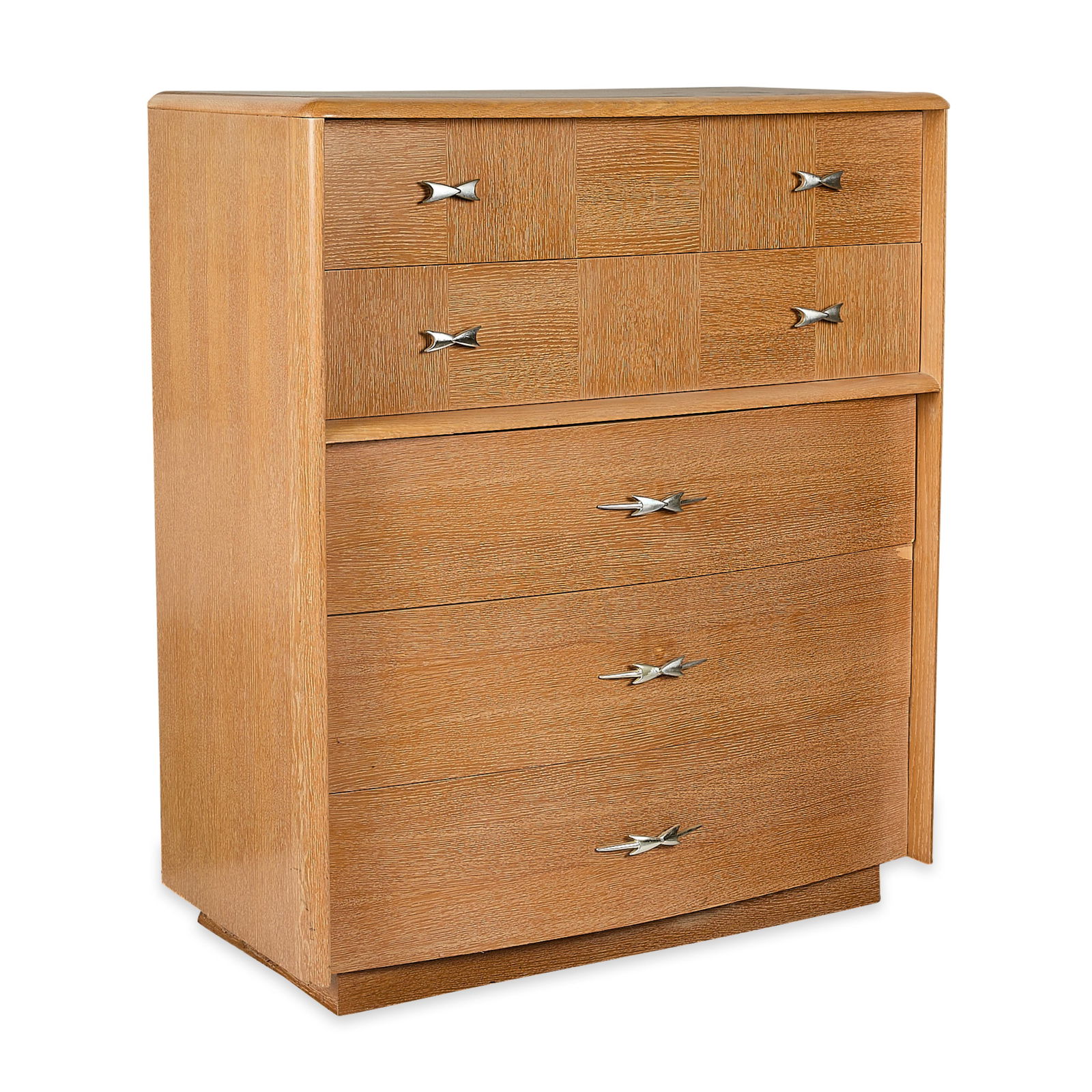 Kent Coffey MCM "The Sentry" Blonde Oak Dresser: Kent Coffey, North Carolina. Mid-century modern white or blonde oak "The Sentry" line five-drawer dresser, ca. 1950s. The upper two drawers depicting a grid of square panels, arranged by alternating w