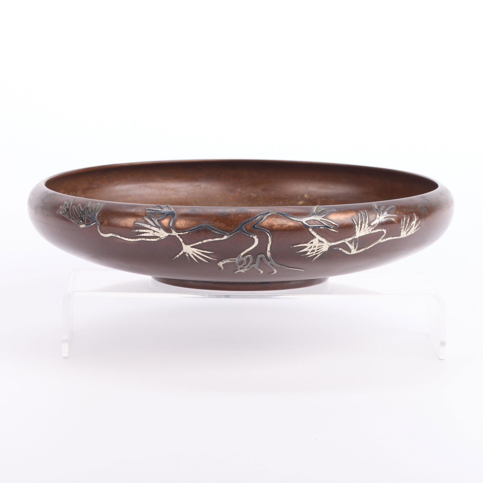 Heintz Arts & Crafts Sterling on Bronze 3706 Bowl: Heintz Art Metal Shop, New York, United States. Arts & Crafts bronze low bowl with sterling silver overlay depicting foliate motifs, possibly pine tree branches, ca. 1912. Marked & numbered 3706 along