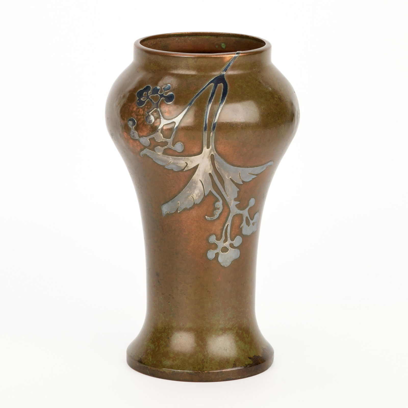 Smith Metal Arts Silver Crest Bronze Baluster Vase: Smith Metal Arts Company, New York, United States. Arts & Crafts bronze vase of baluster form with sterling silver overlay depicting foliate motifs, ca. 1920s. Marked "Silver Crest" and numbered "A700