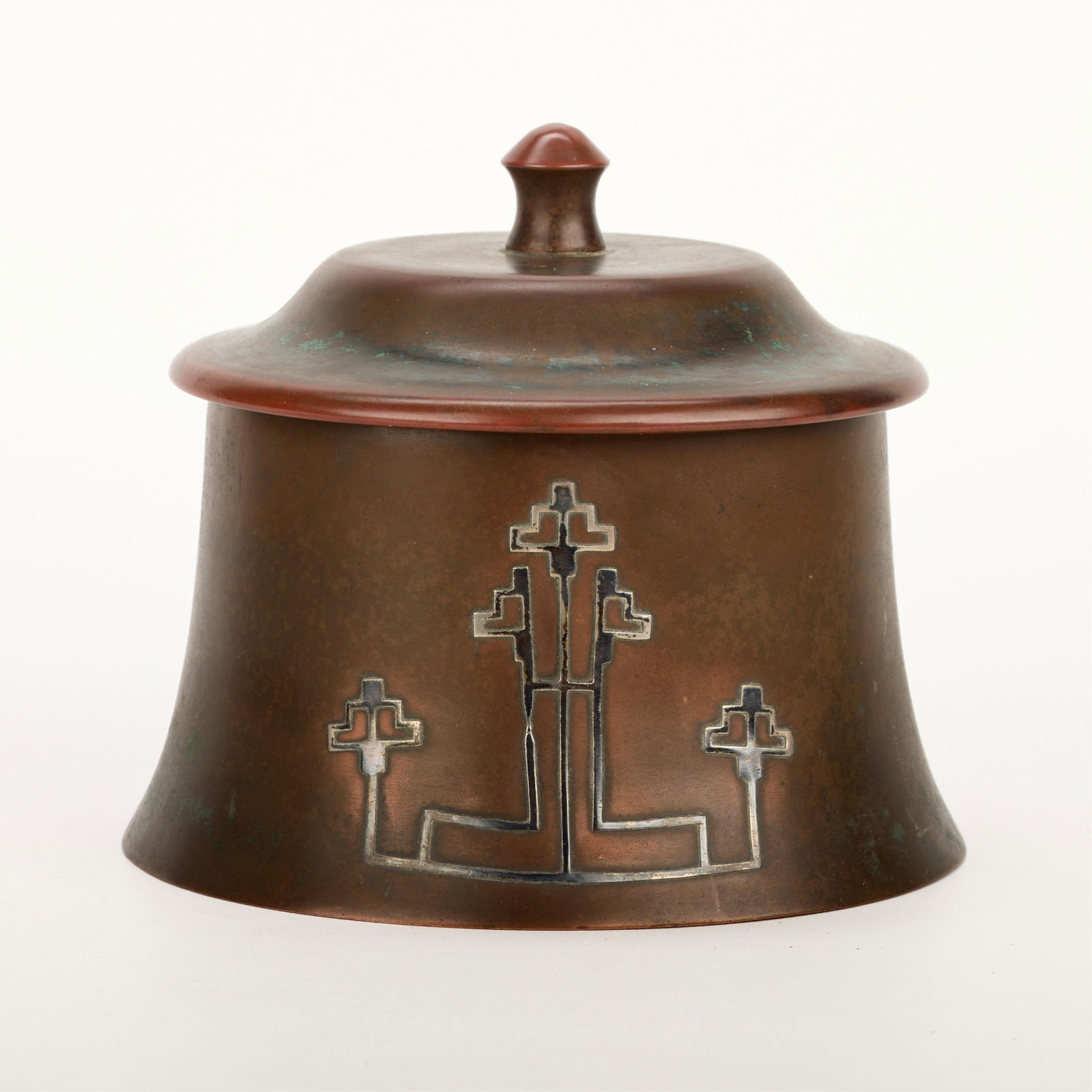 Heintz Arts & Crafts Sterling on Bronze Humidor: Heintz Art Metal Shop, New York, United States. Arts & Crafts bronze lidded humidor or tobacco jar with sterling silver overlay depicting geometric motifs, ca. 1912. Marked and numbered 2614 along the