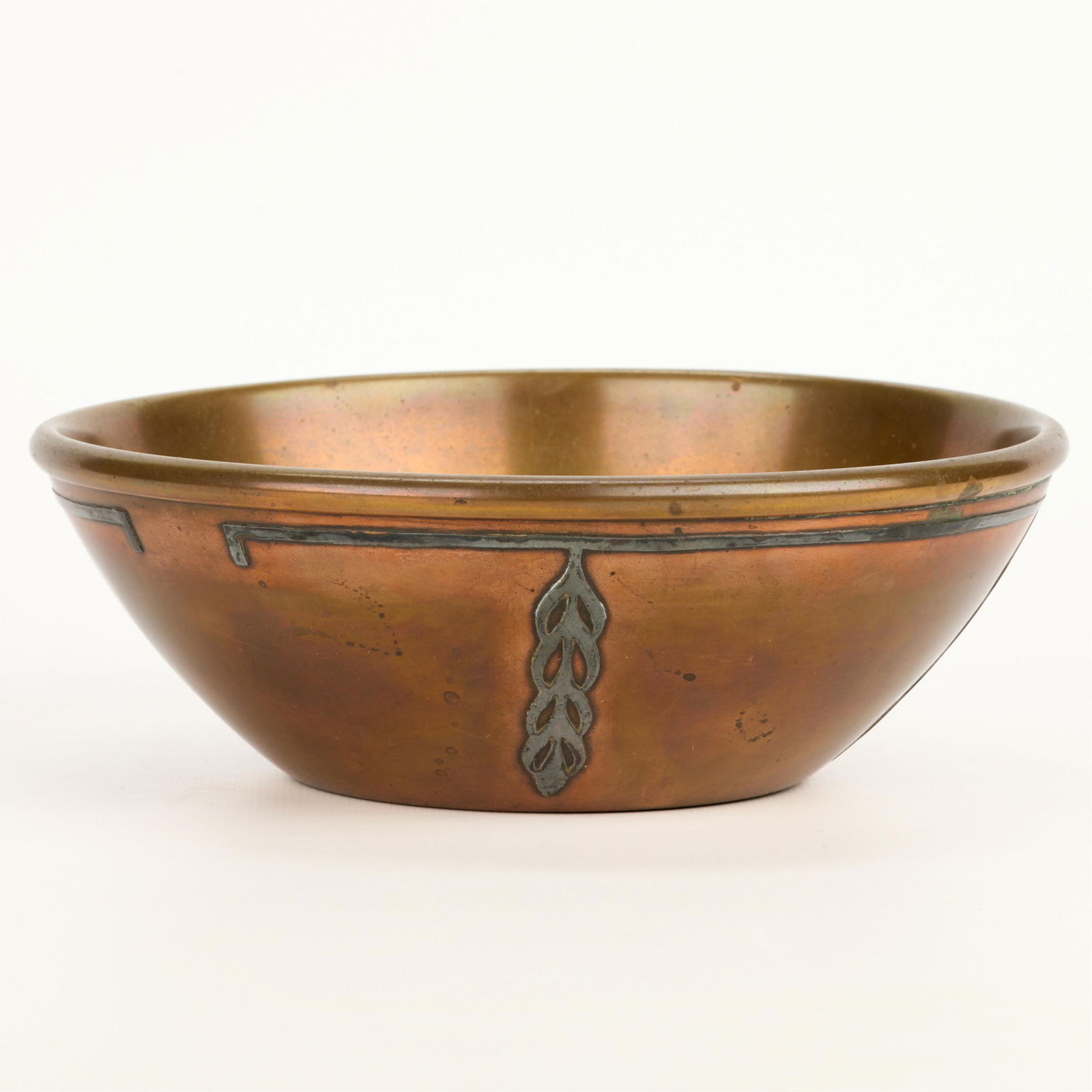 Heintz Arts & Crafts Sterling on Bronze 1861 Bowl: Heintz Art Metal Shop, New York, United States. Arts & Crafts bronze nut bowl or dish with sterling silver overlay depicting foliate motifs, ca. 1912. Marked & numbered 1861 along the underside.Litera