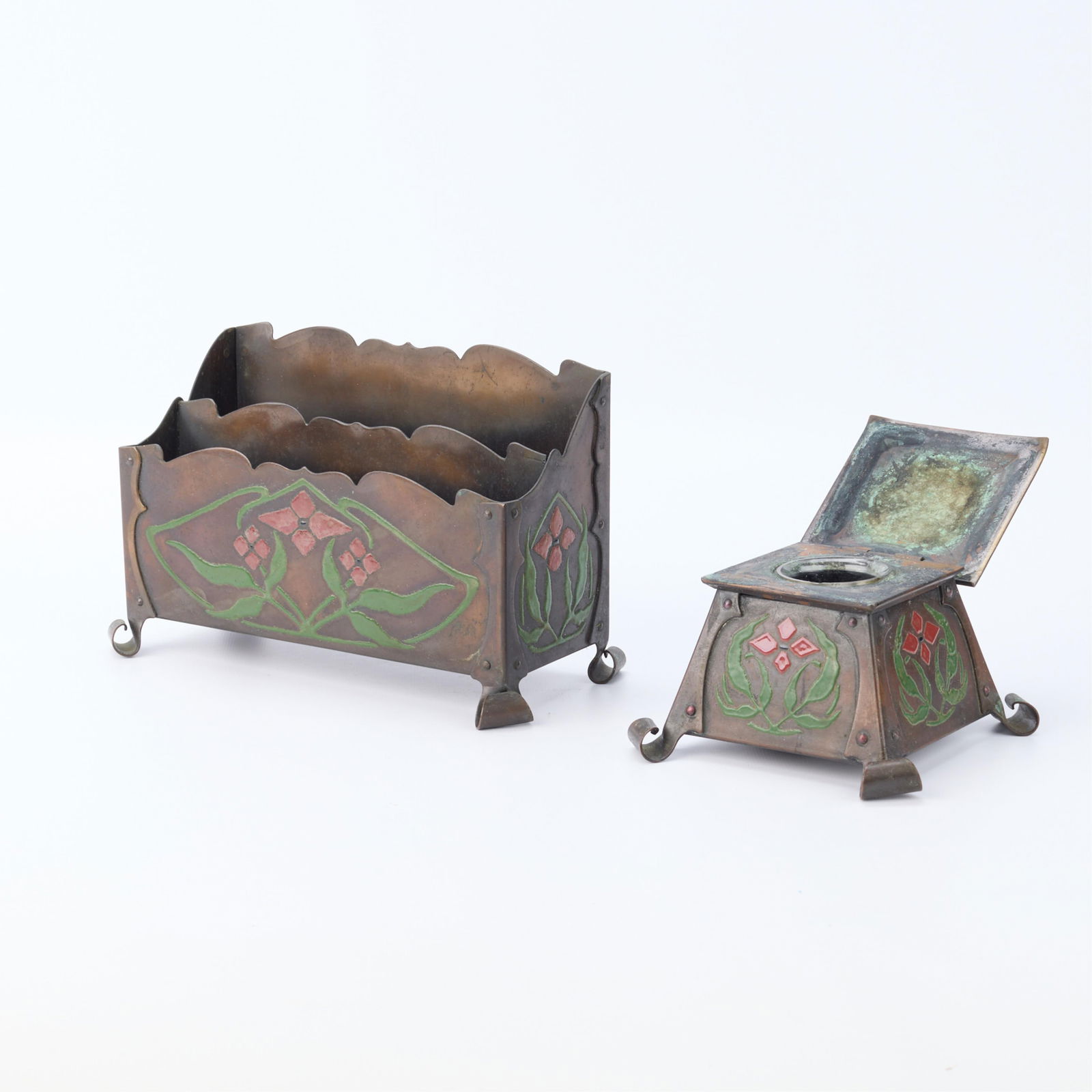 2 Attr. Heintz Art & Crafts Shop Copper Desk Items: Attributed to Otto L. Heintz (American, 1887-1918) for The Art Crafts Shop, Buffalo, New York. Set of two enameled Arts & Crafts copper desk items including a letter holder and inkwell depicting Art N