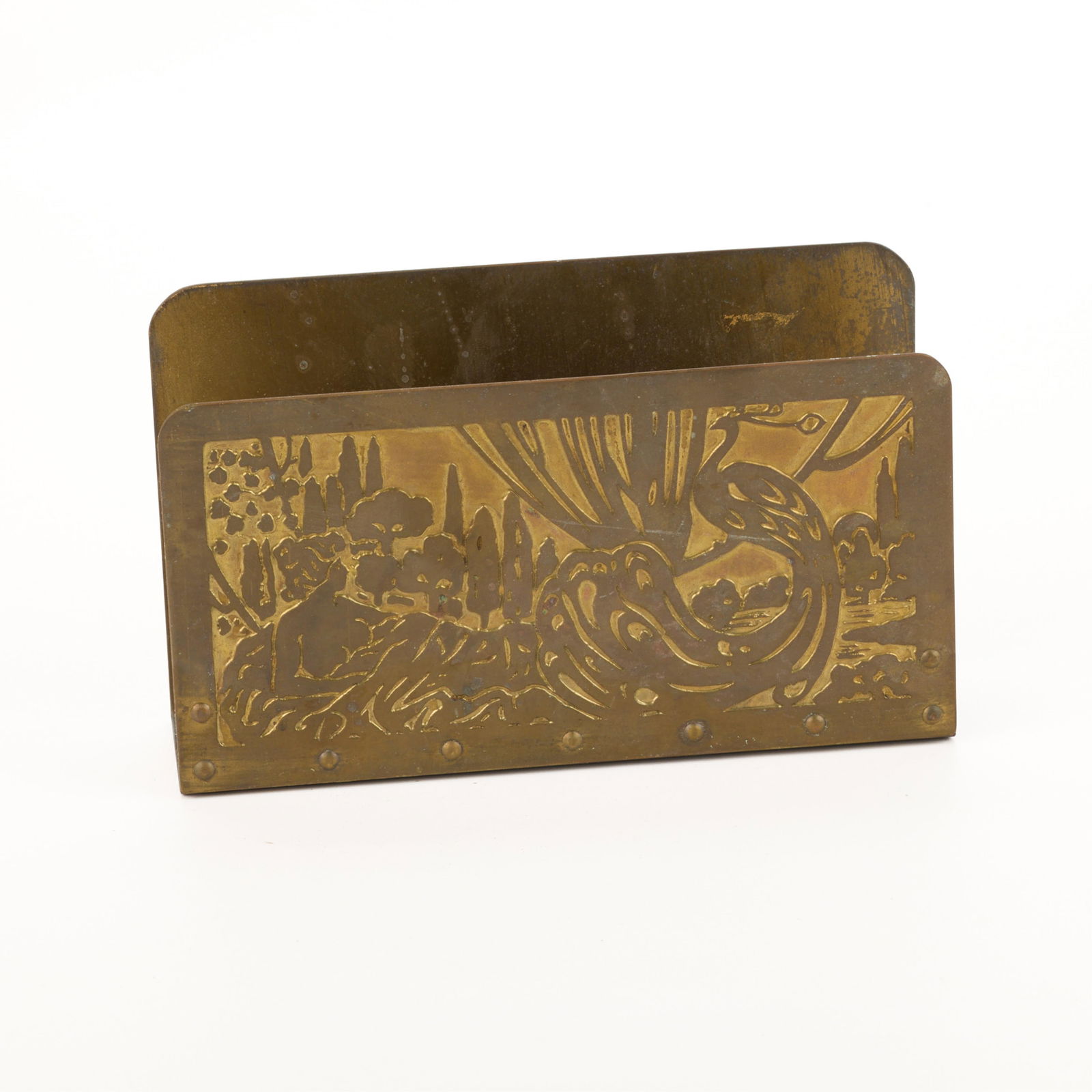 Frost Workshops Arts & Crafts Copper Letter Rack: The Frost Arts & Crafts Workshops, United States. Art Nouveau handwrought copper letter rack depicting a lounging woman and an elegant peacock. Stamped along the underside.Height: 4 in x width: 6 3/4