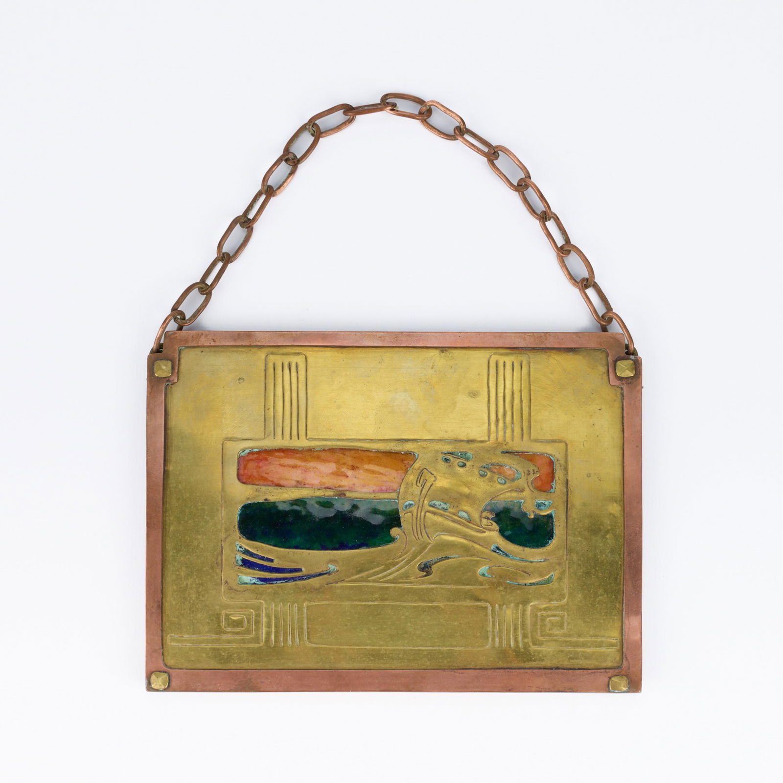 Minneapolis Handicraft Guild Copper Enamel Plaque: Handicraft Guild of Minneapolis, Minnesota. Arts & Crafts handwrought copper and brass hanging plaque or panel, ca. 1900s-1910s. Depicting enameled Art Nouveau motifs. Stamped along the verso.Height: