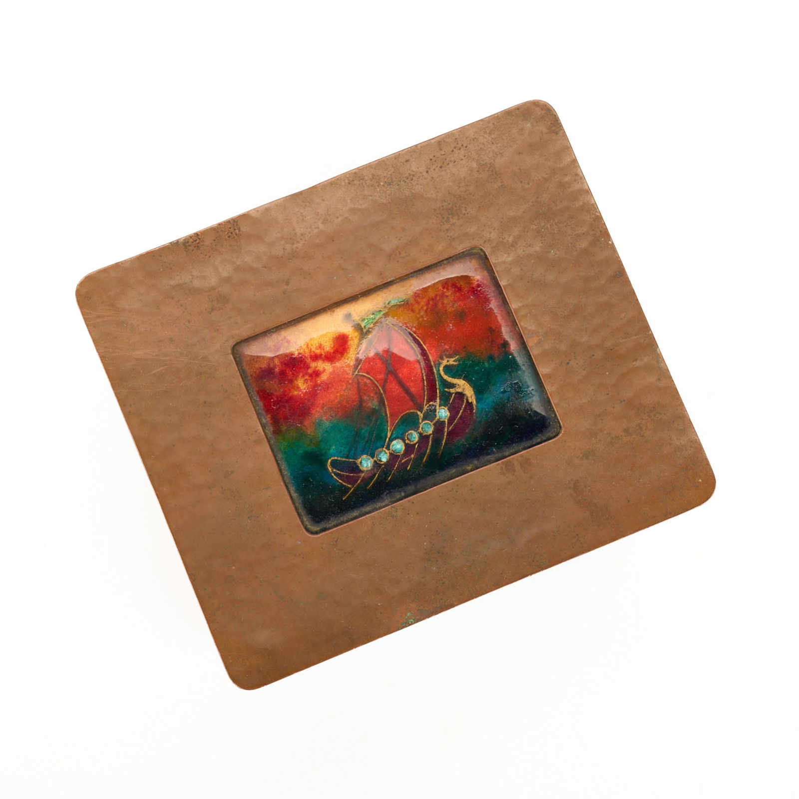 Frank Gardner Hale Arts & Crafts Copper Viking Box: Frank Gardner Hale (American, 1876-1945). Arts & Crafts copper trinket or jewelry box. Depicting an enameled Viking ship along the lid. Incised signature along the interior side of enamel. Stamped alo