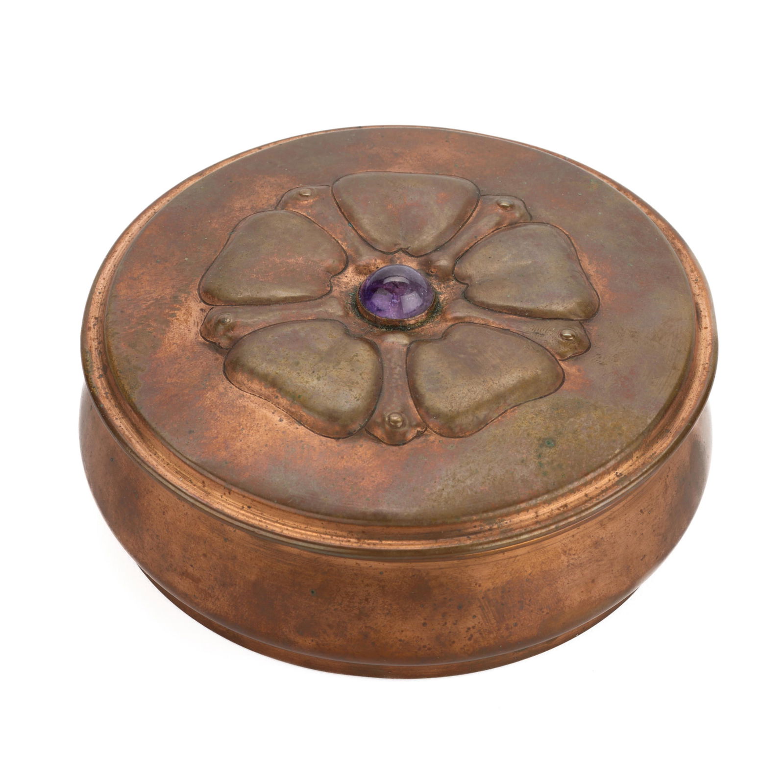 Handicraft Guild Copper Amethyst Jewelry Box: Handicraft Guild of Minneapolis, Minnesota. Arts & Crafts handwrought copper jewelry or trinket box, ca. 1900s-1910s. With inset amethyst stone along the lid depicting foliate motifs. Marked along the